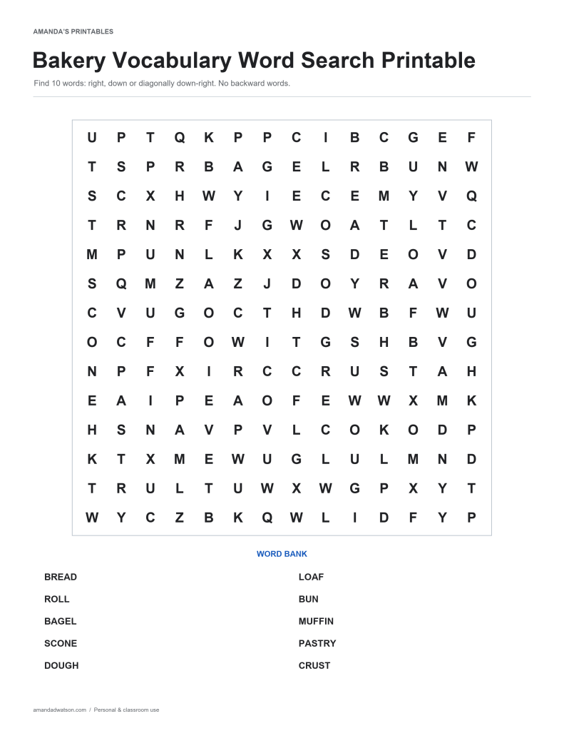 Bakery Vocabulary word search puzzle with a 14 by 14 letter grid and ten-word bank
