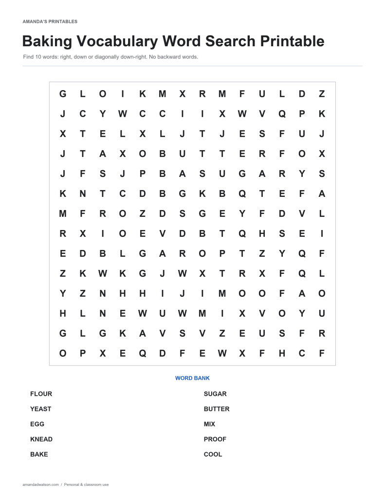 Baking Vocabulary word search puzzle with a 14 by 14 letter grid and ten-word bank