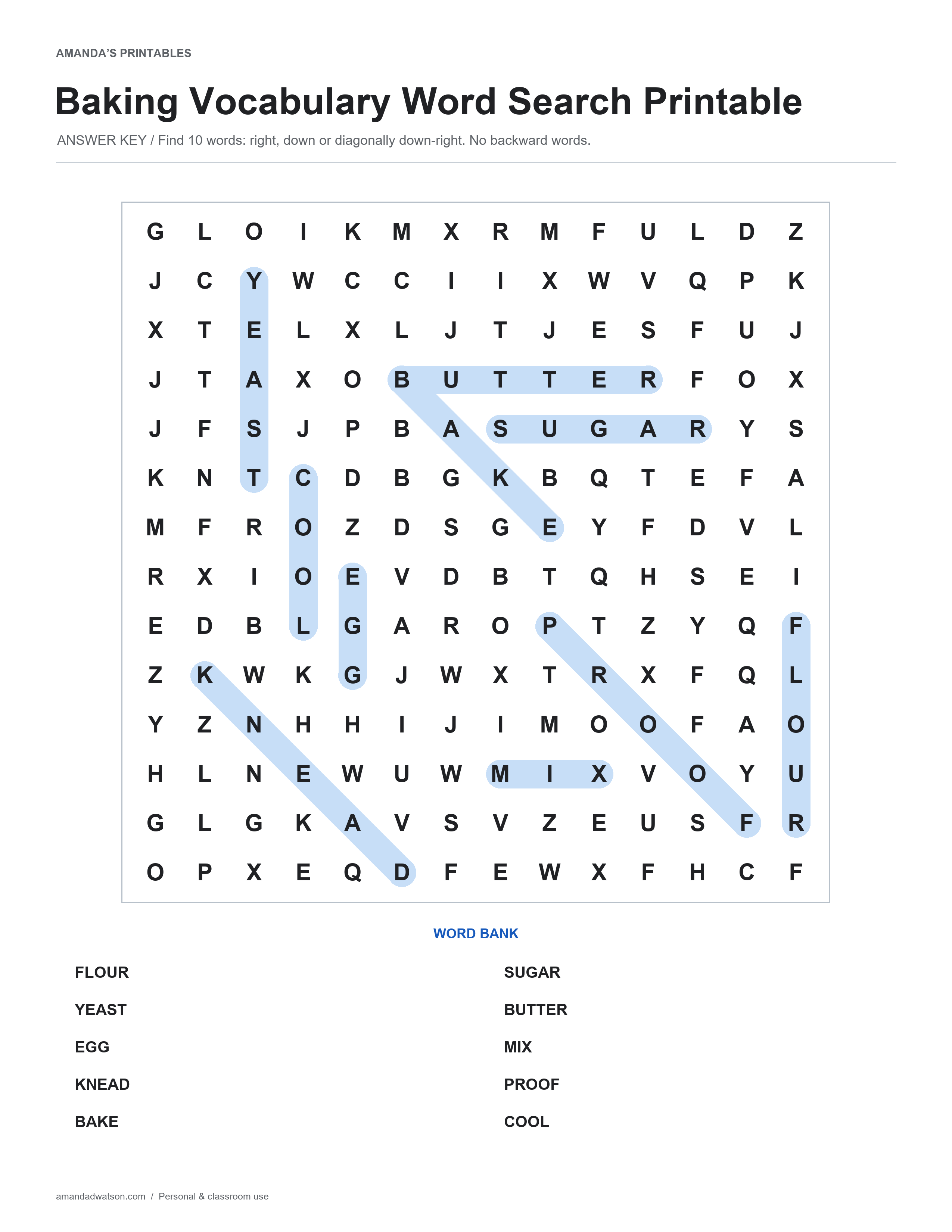 Baking Vocabulary word search solution with ten highlighted word paths