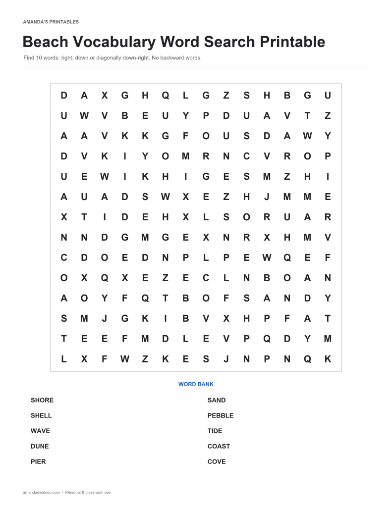 Beach Vocabulary word search puzzle with a 14 by 14 letter grid and ten-word bank