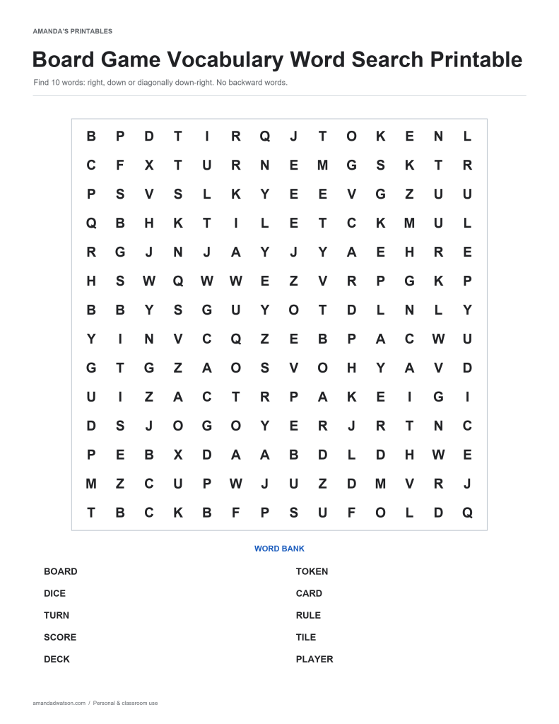 Board Game Vocabulary word search puzzle with a 14 by 14 letter grid and ten-word bank