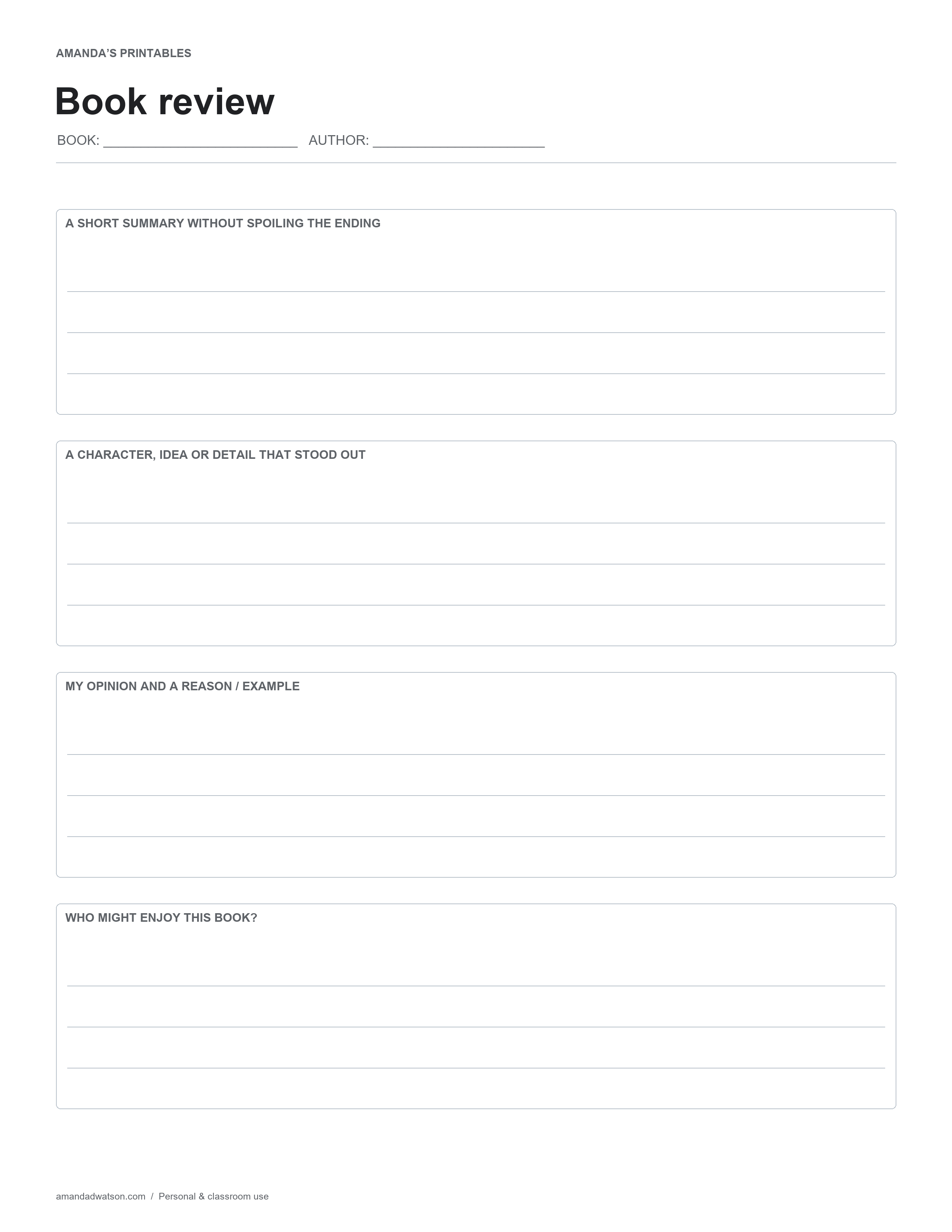 Book-review template with title, author, spoiler-free summary, standout detail, supported opinion and reader recommendation