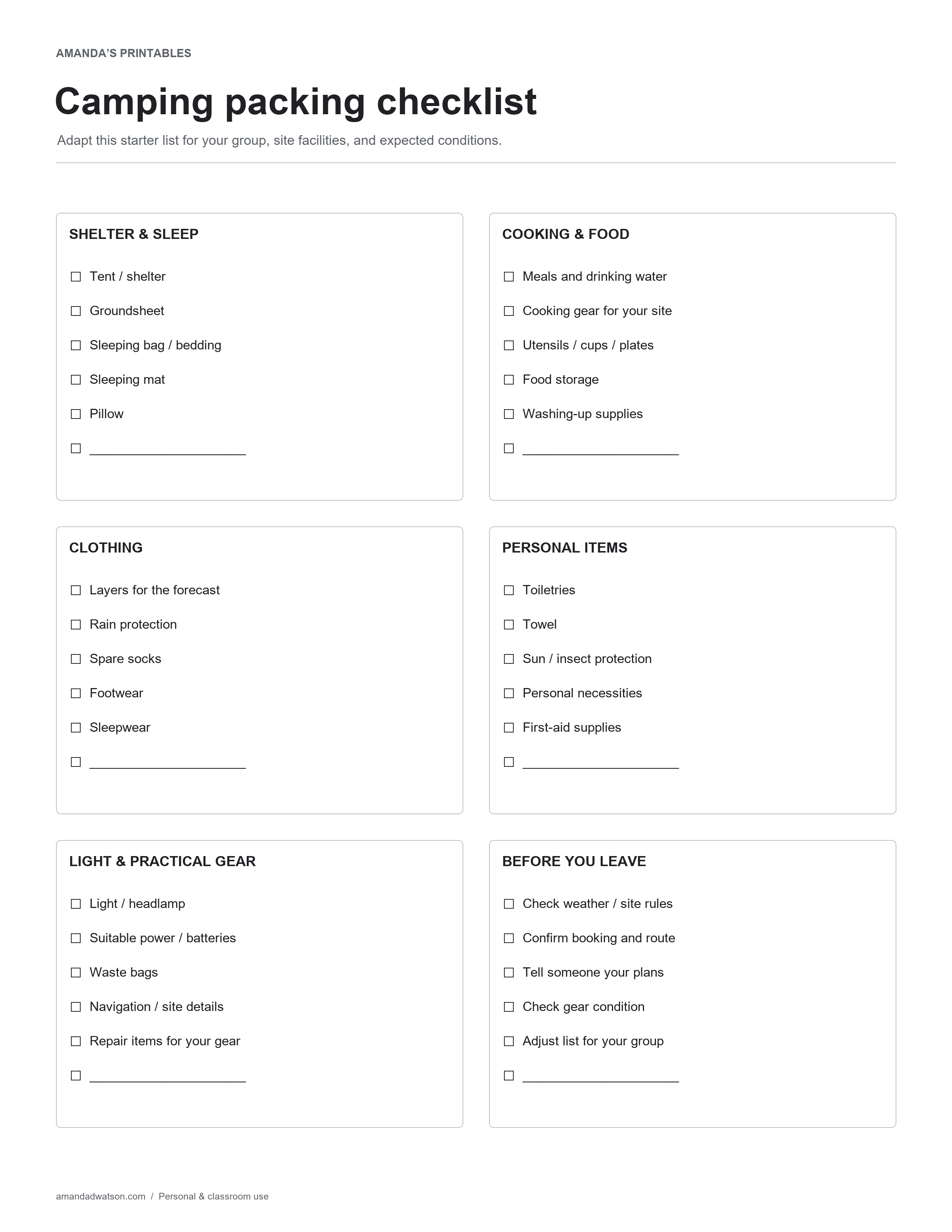 Camping checklist with six sections for shelter, food, clothing, personal items, practical gear, and preparation