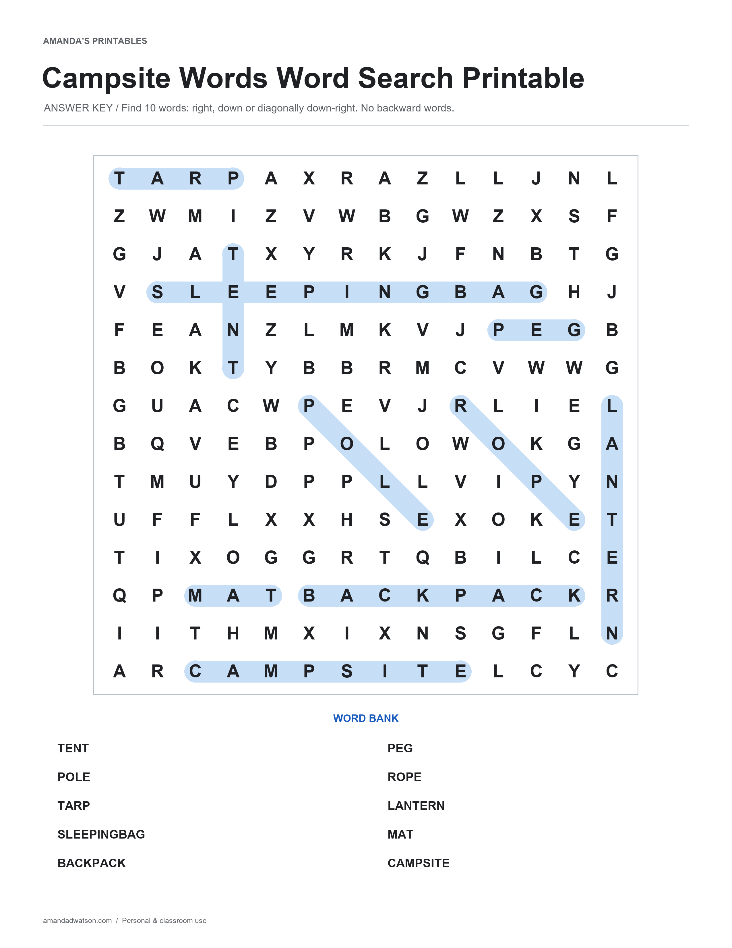 Campsite Words word search solution with ten highlighted word paths