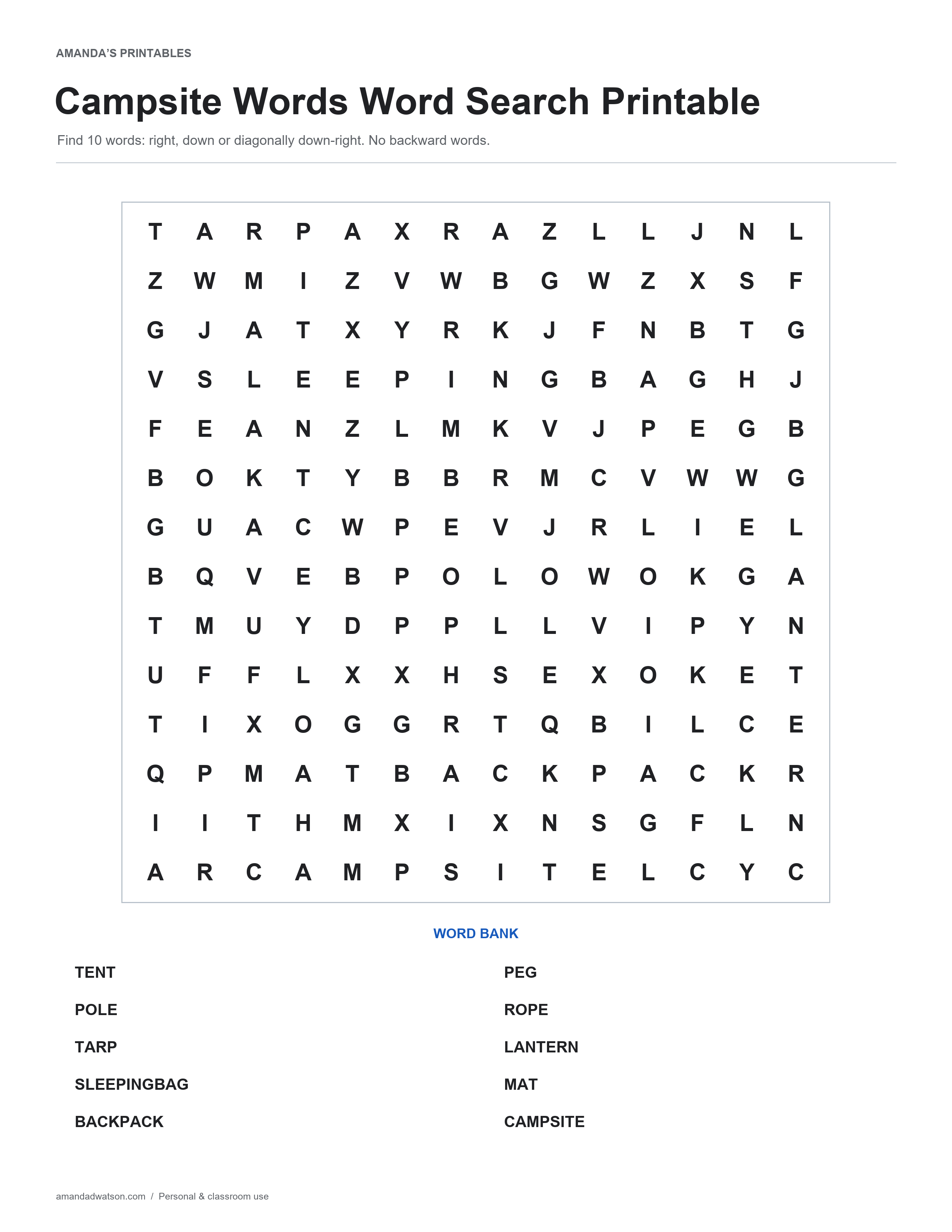 Campsite Words word search puzzle with a 14 by 14 letter grid and ten-word bank