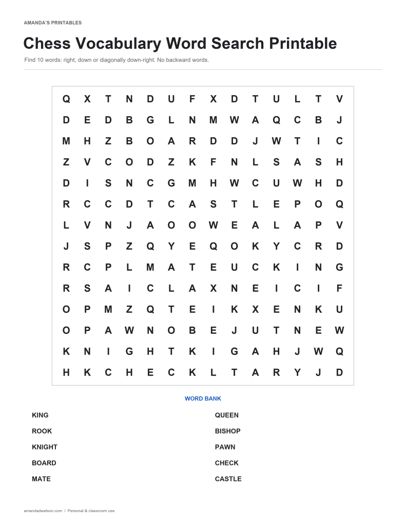 Chess Vocabulary word search puzzle with a 14 by 14 letter grid and ten-word bank