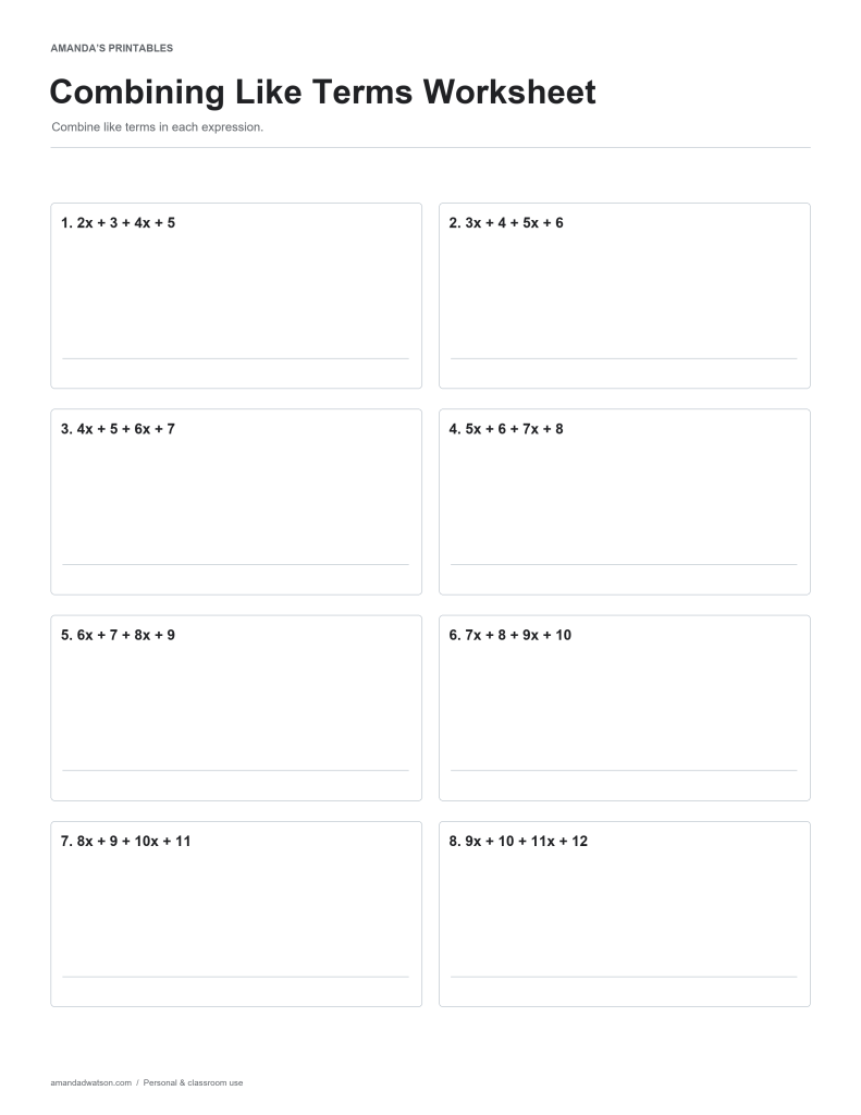 Combining Like Terms Worksheet practice page with eight numbered questions and working space