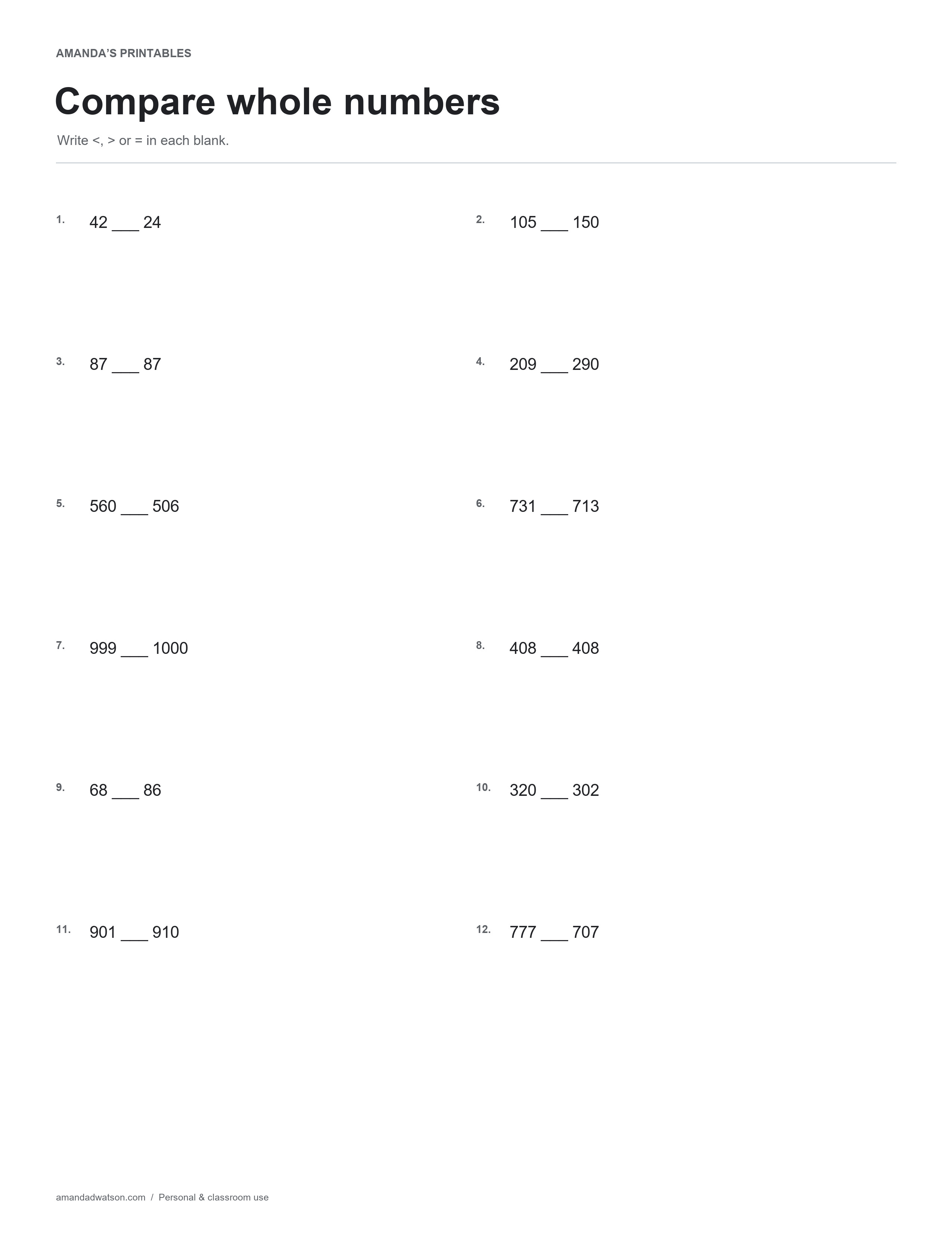 Compare whole numbers with 12 numbered exercises