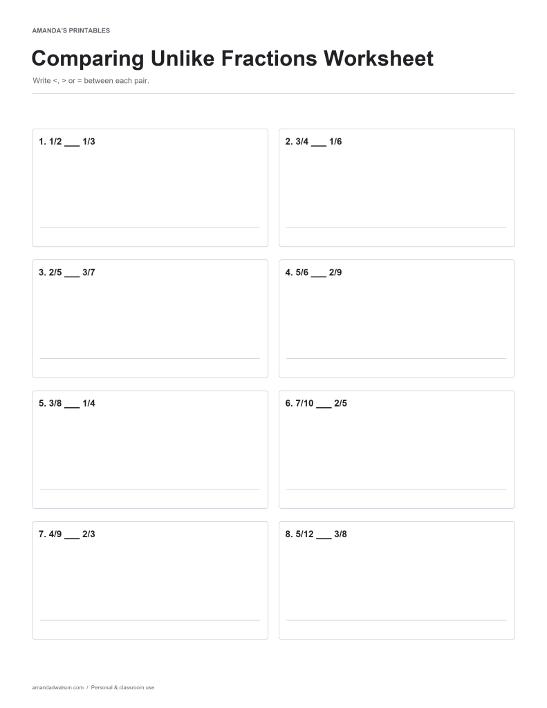 Comparing Unlike Fractions Worksheet practice page with eight numbered questions and working space