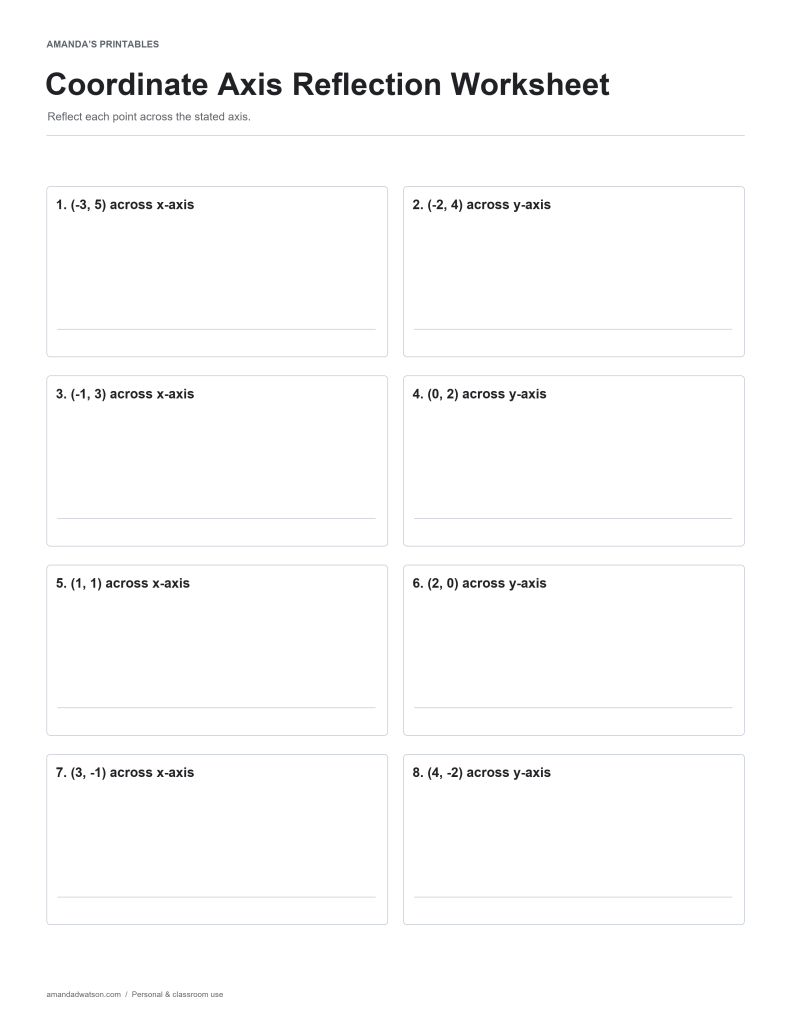 Coordinate Axis Reflection Worksheet practice page with eight numbered questions and working space