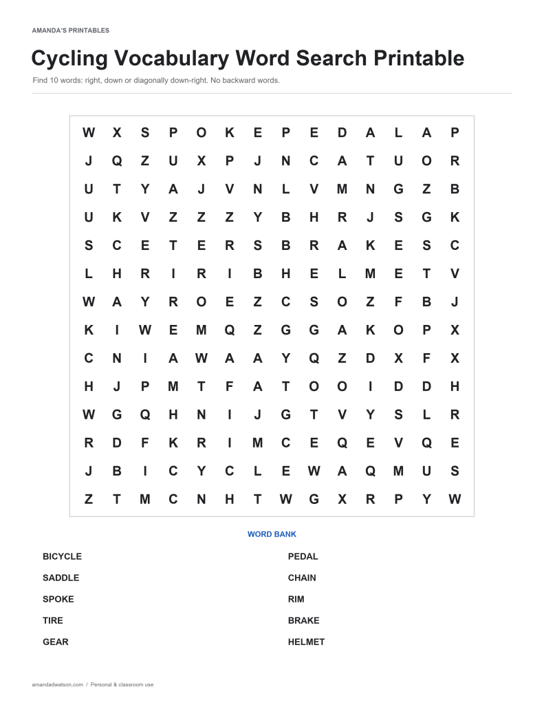 Cycling Vocabulary word search puzzle with a 14 by 14 letter grid and ten-word bank