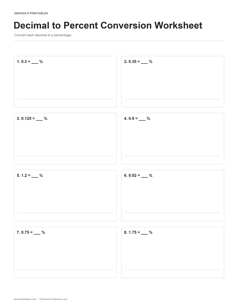 Decimal to Percent Conversion Worksheet practice page with eight numbered questions and working space