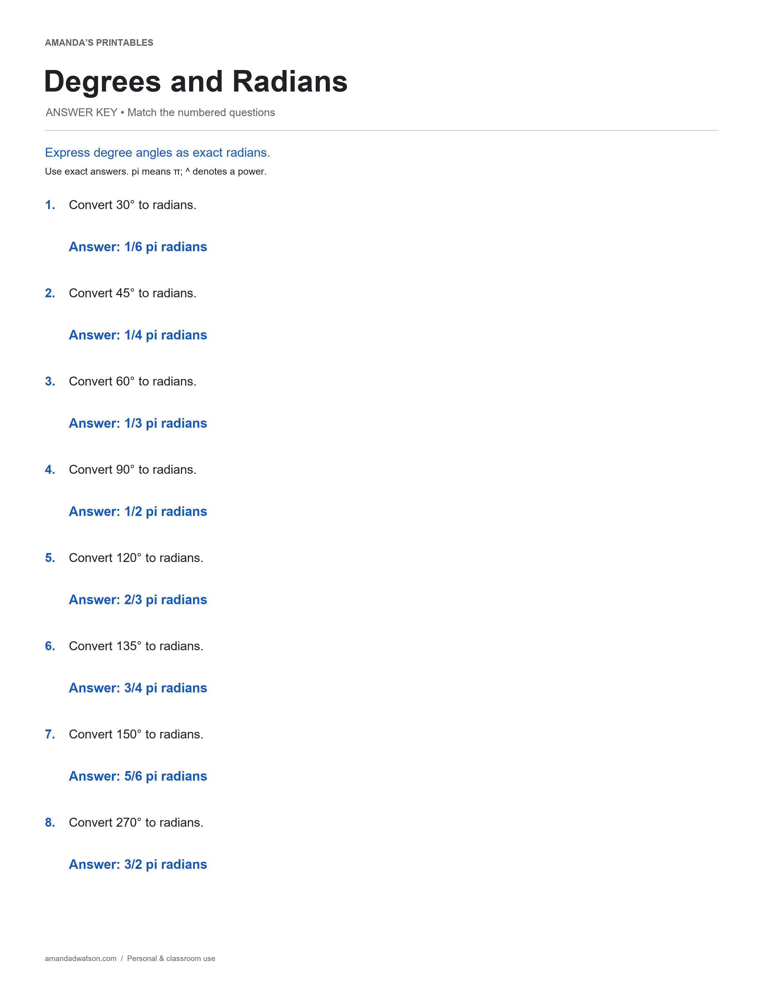 Degrees and Radians answer key with eight numbered solutions
