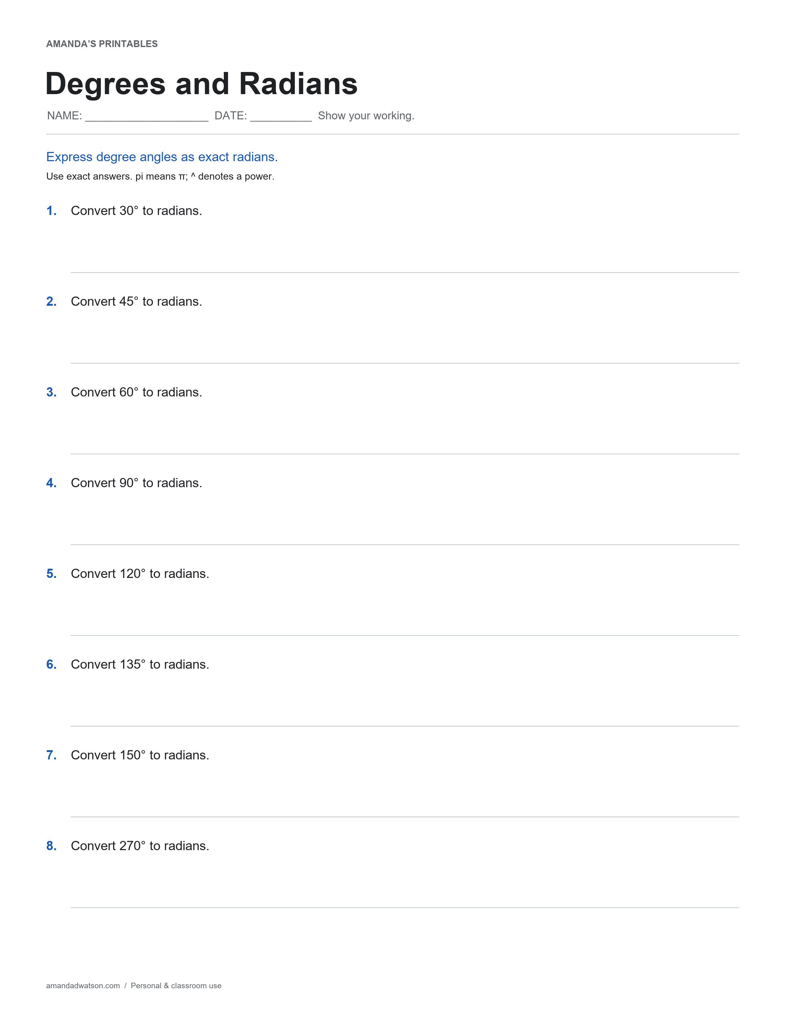 Degrees and Radians printable with eight practice questions and space to show working
