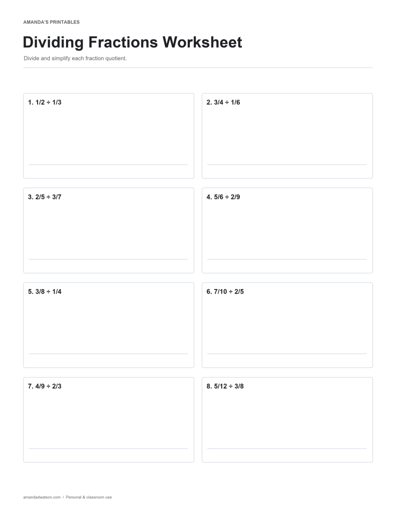 Dividing Fractions Worksheet practice page with eight numbered questions and working space