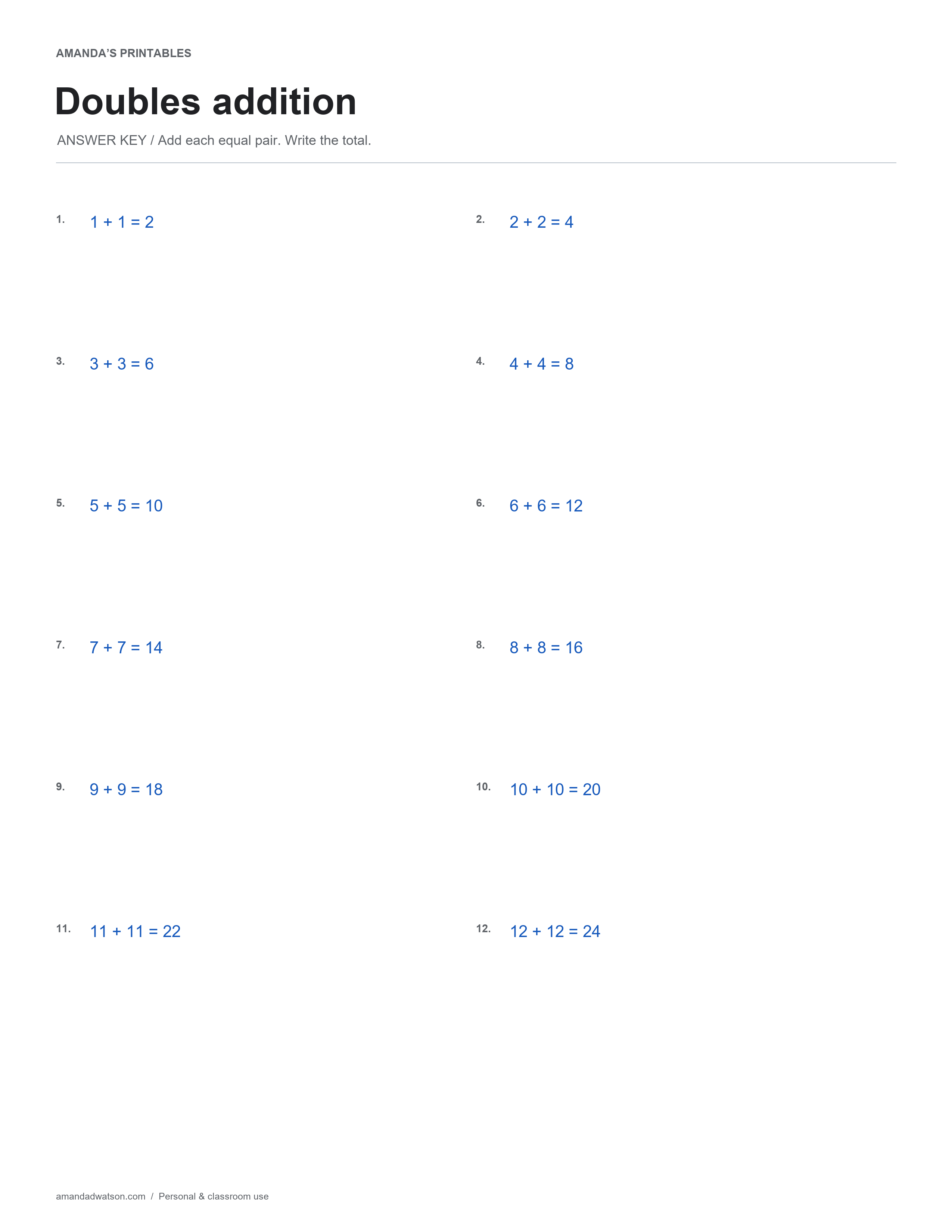 Doubles addition answer key with 12 solutions