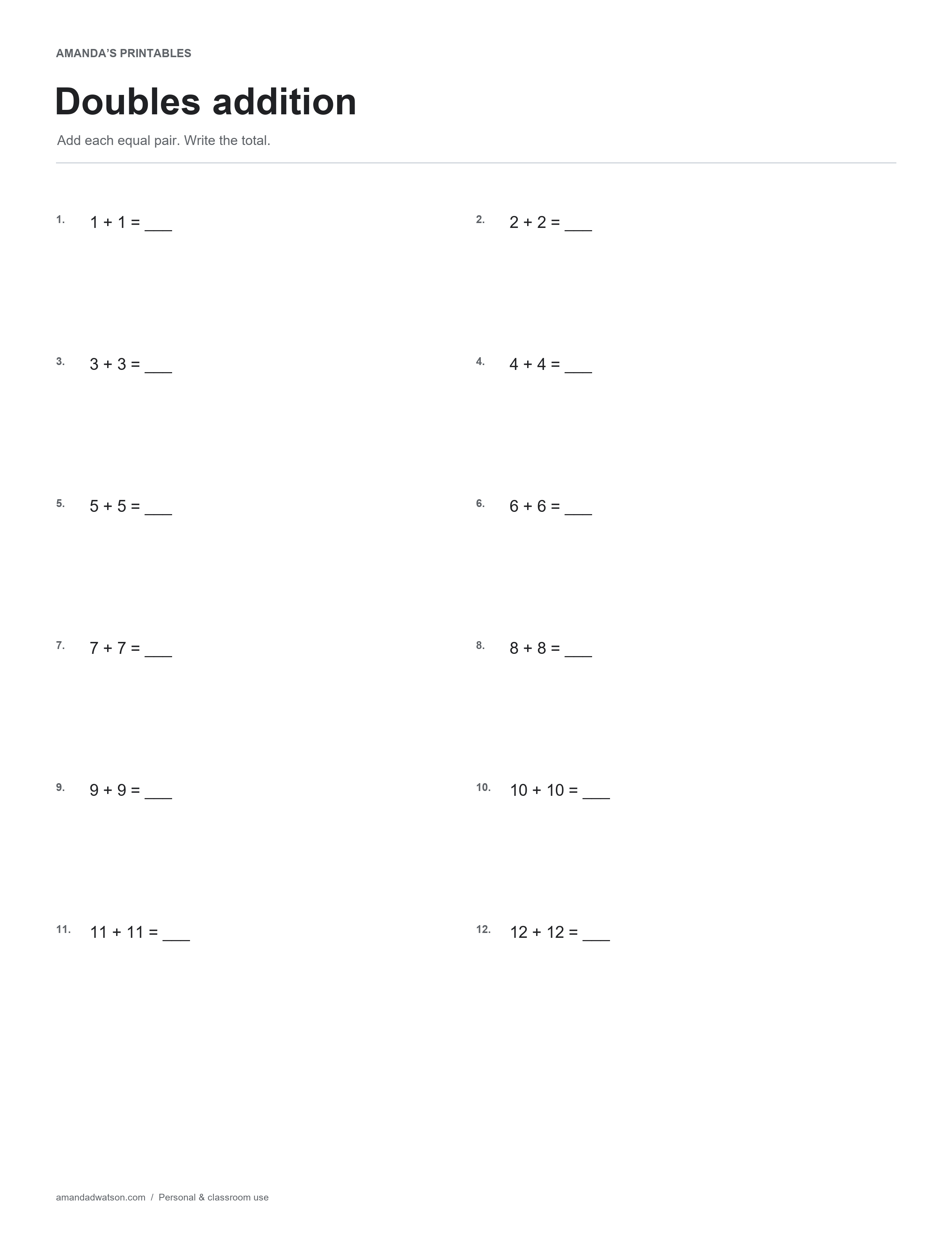 Doubles addition with 12 numbered exercises