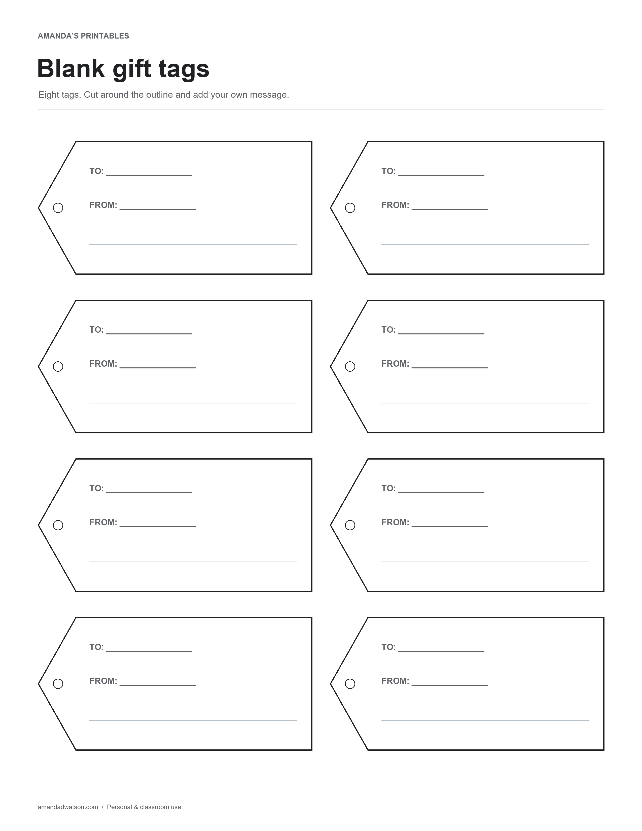 Eight outline gift tags with to and from fields, a message line and a hole guide
