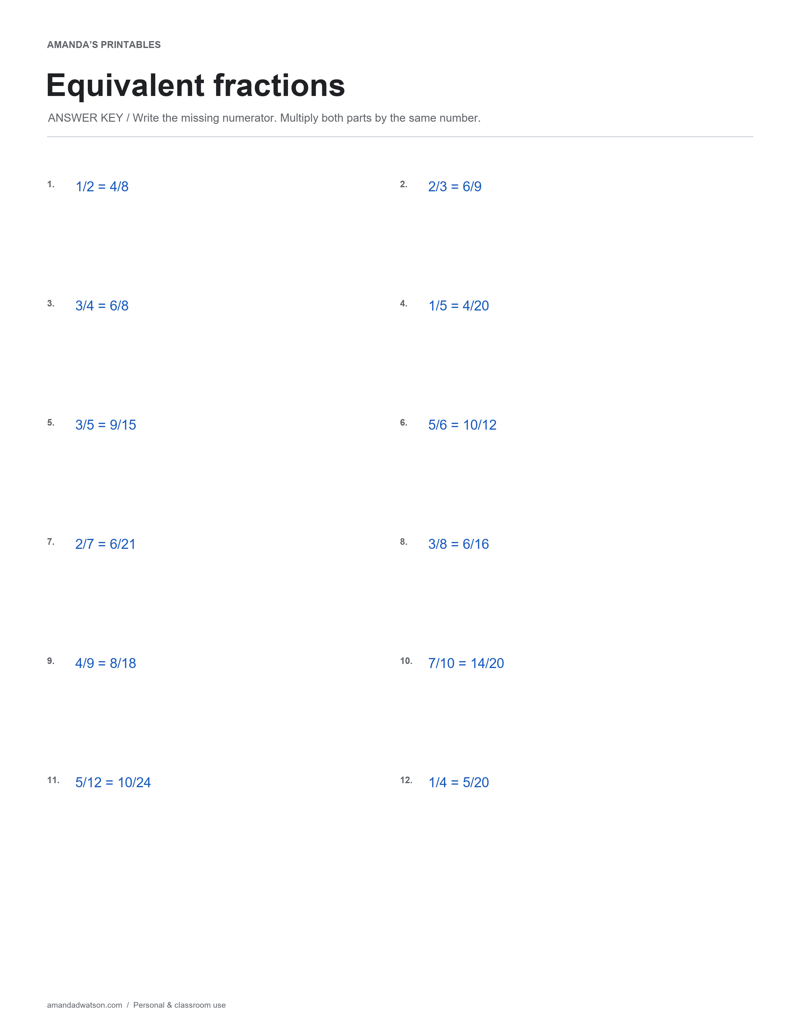 Equivalent fractions answer key with 12 solutions