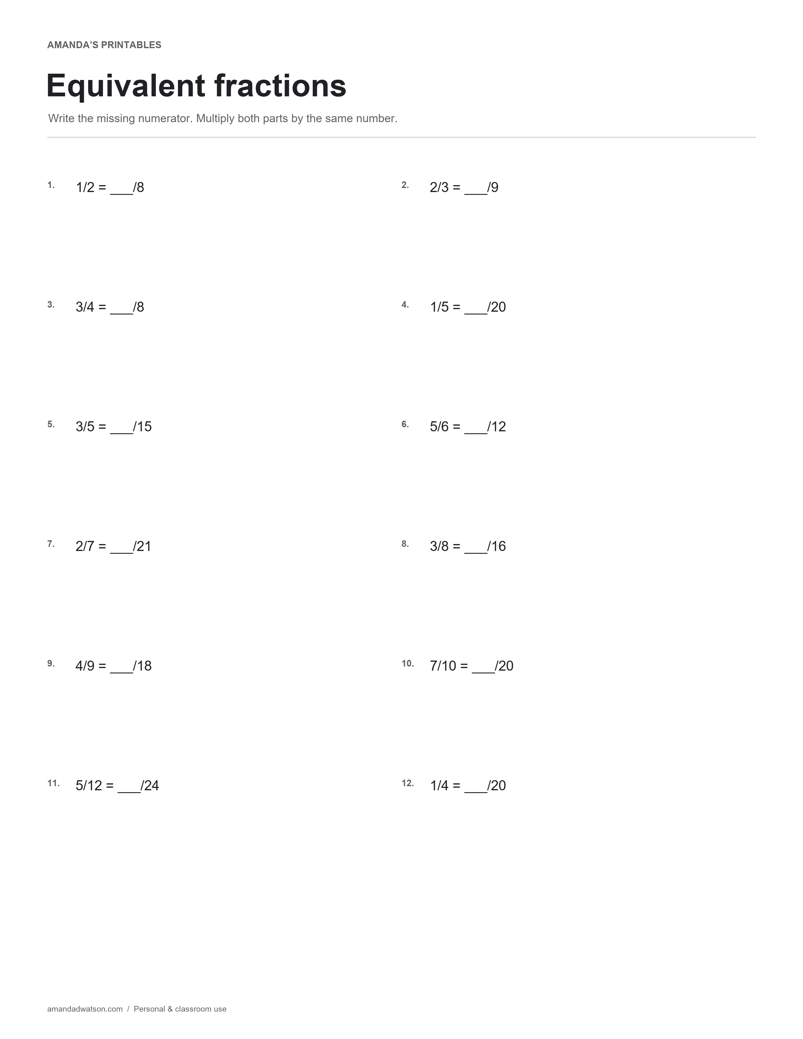 Equivalent fractions with 12 numbered exercises