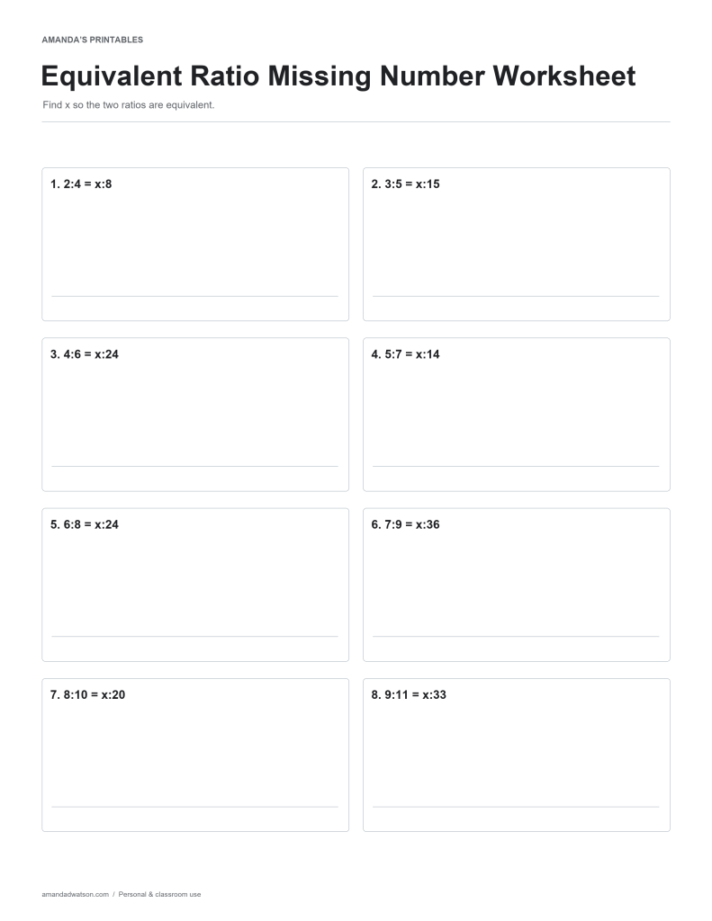 Equivalent Ratio Missing Number Worksheet practice page with eight numbered questions and working space
