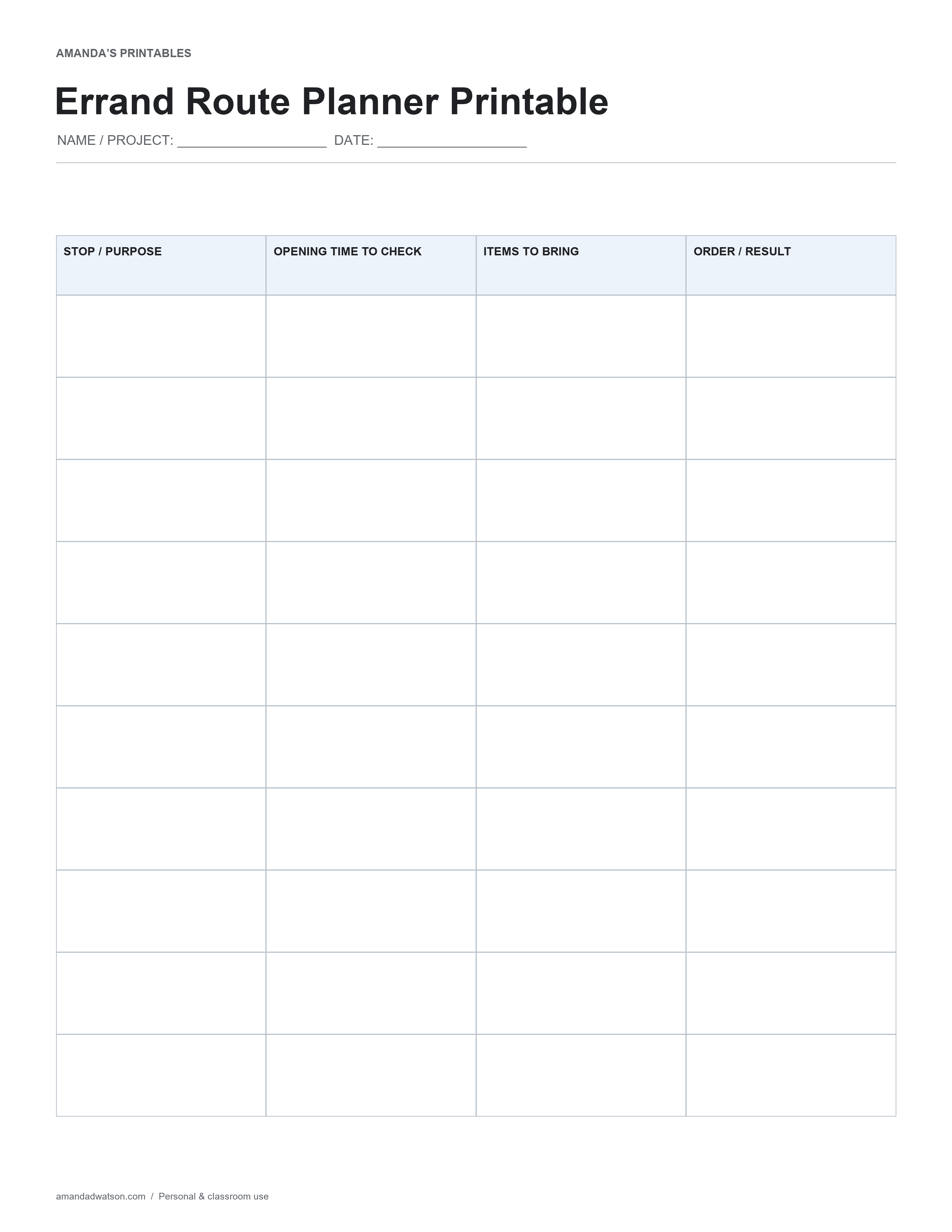 Errand Route Planner Printable with labeled fields and generous writing space
