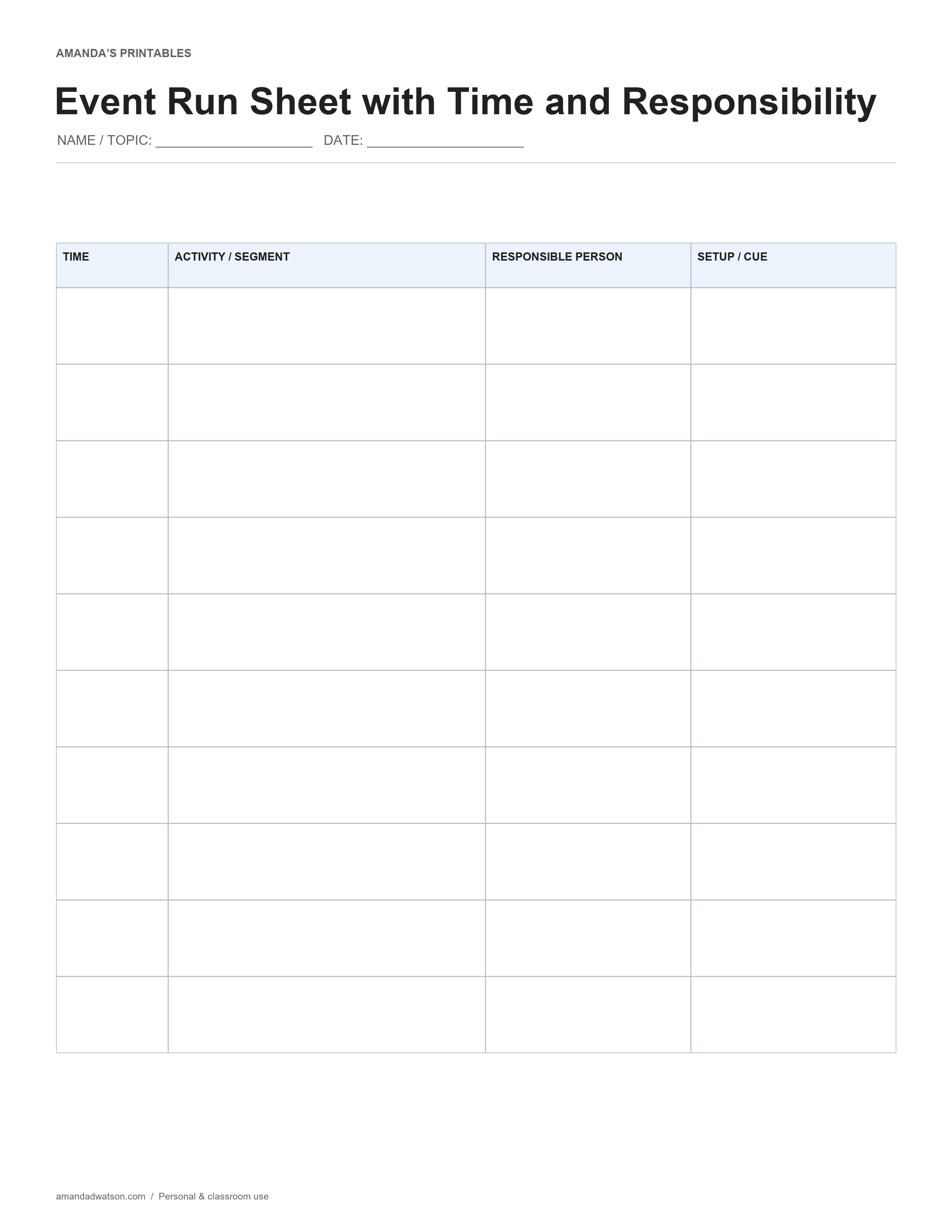 Organize ten event segments with start times, activities, responsible people and setup notes.
