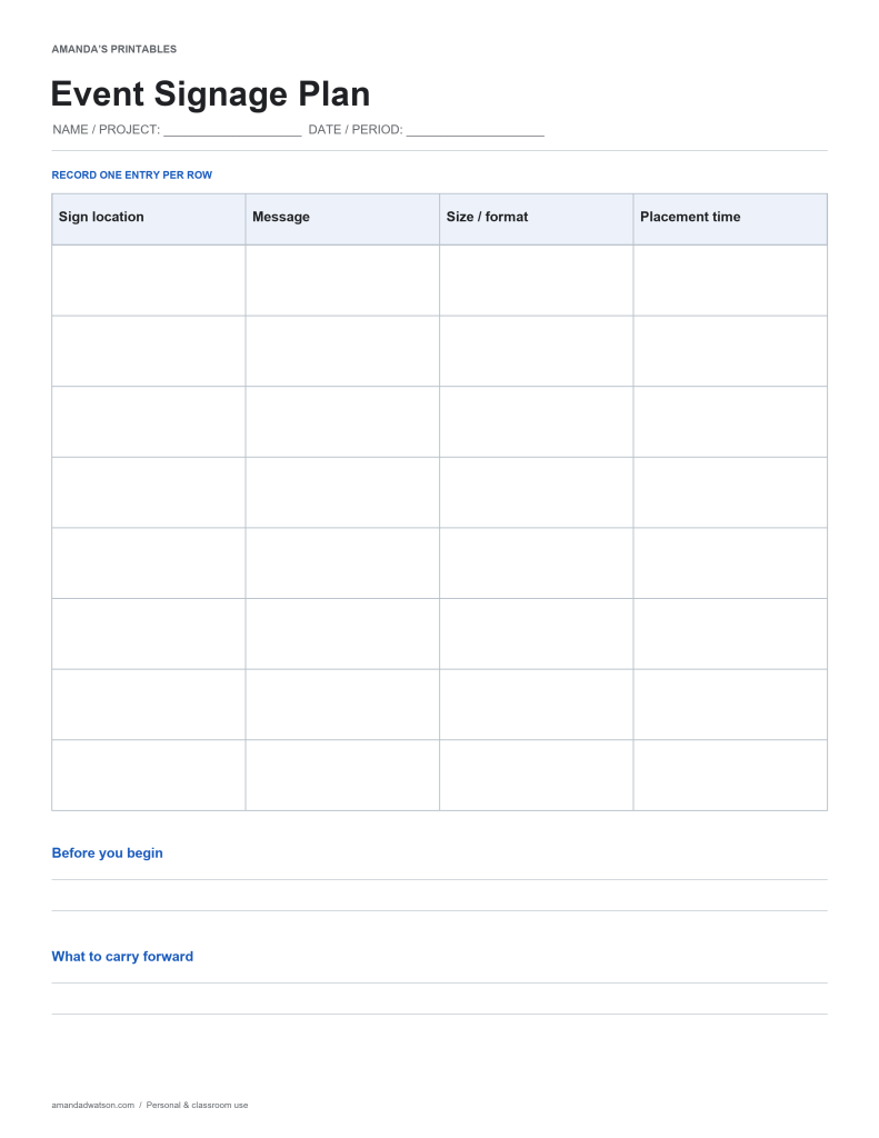 Event Signage Plan with eight entry rows, columns for Sign location, Message, Size / format, Placement time, and two reflection prompts