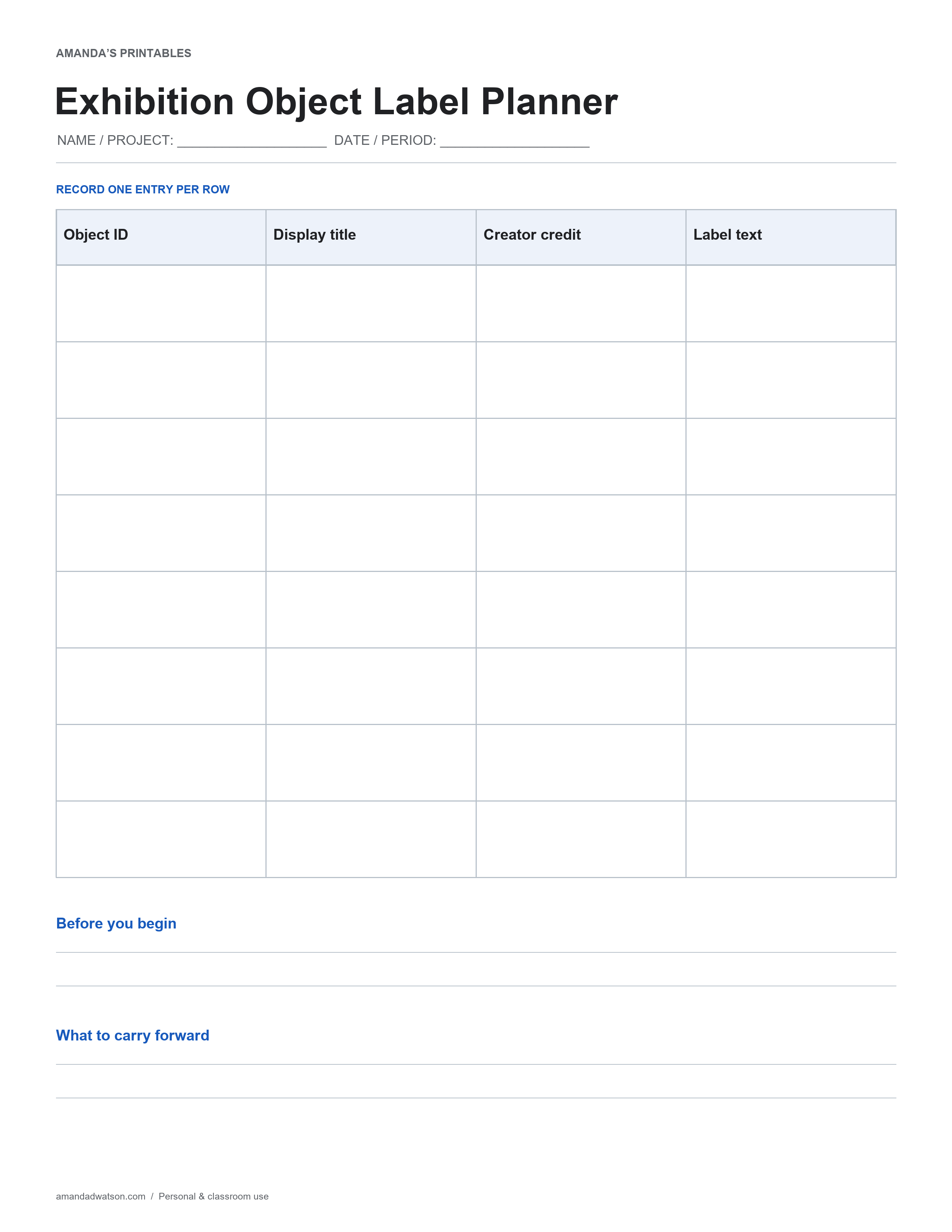 Exhibition Object Label Planner with eight entry rows, columns for Object ID, Display title, Creator credit, Label text, and two reflection prompts