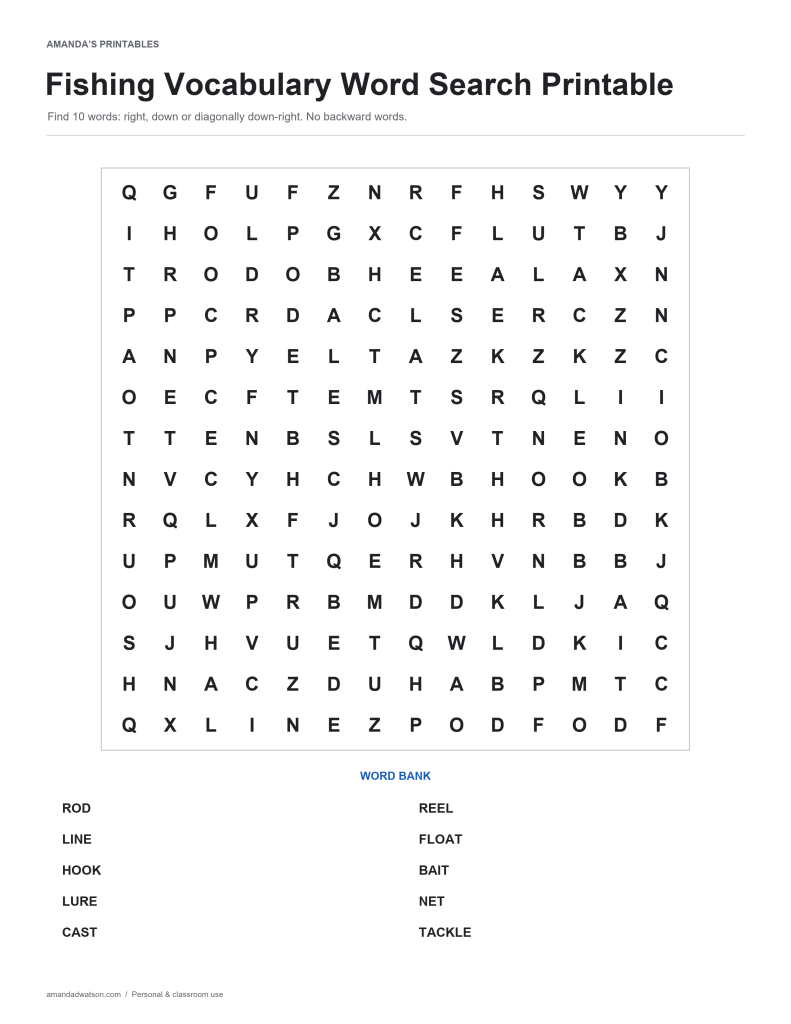 Fishing Vocabulary word search puzzle with a 14 by 14 letter grid and ten-word bank