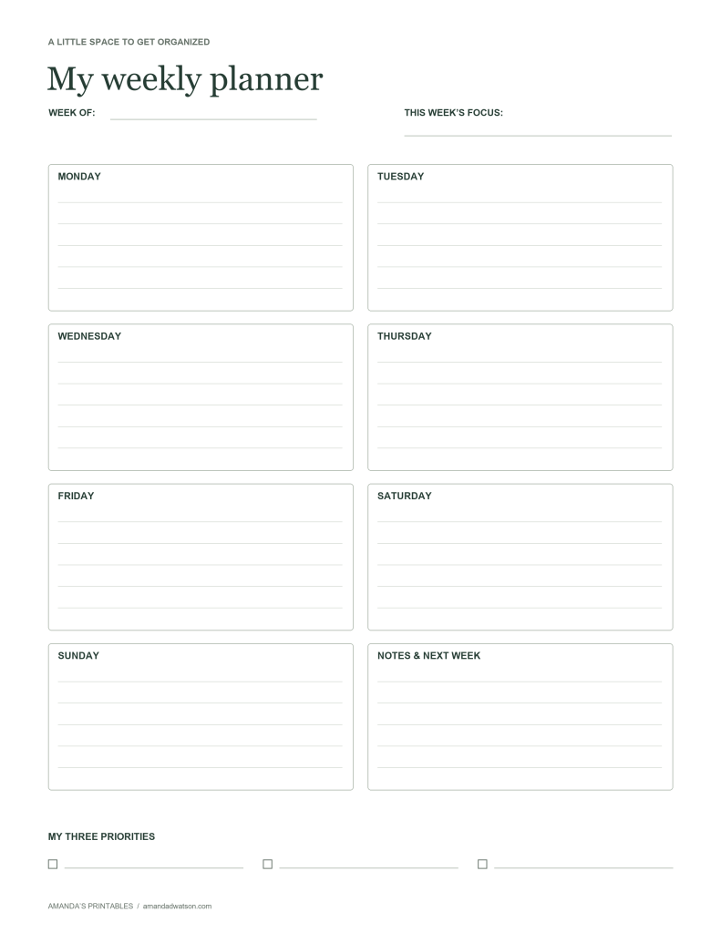 Undated weekly planner with Monday to Sunday boxes, notes, a weekly focus, and three priorities