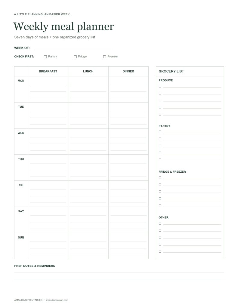 Undated weekly meal planner with Monday to Sunday rows, breakfast, lunch and dinner columns, and a categorized grocery checklist