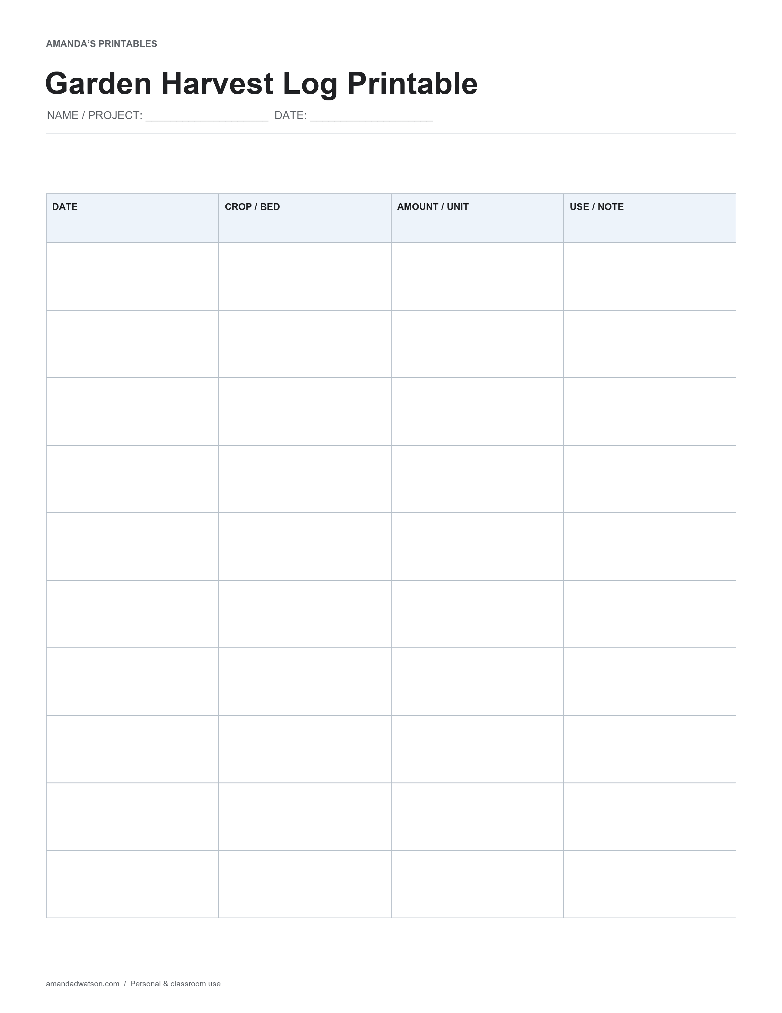 Garden Harvest Log Printable with labeled fields and generous writing space