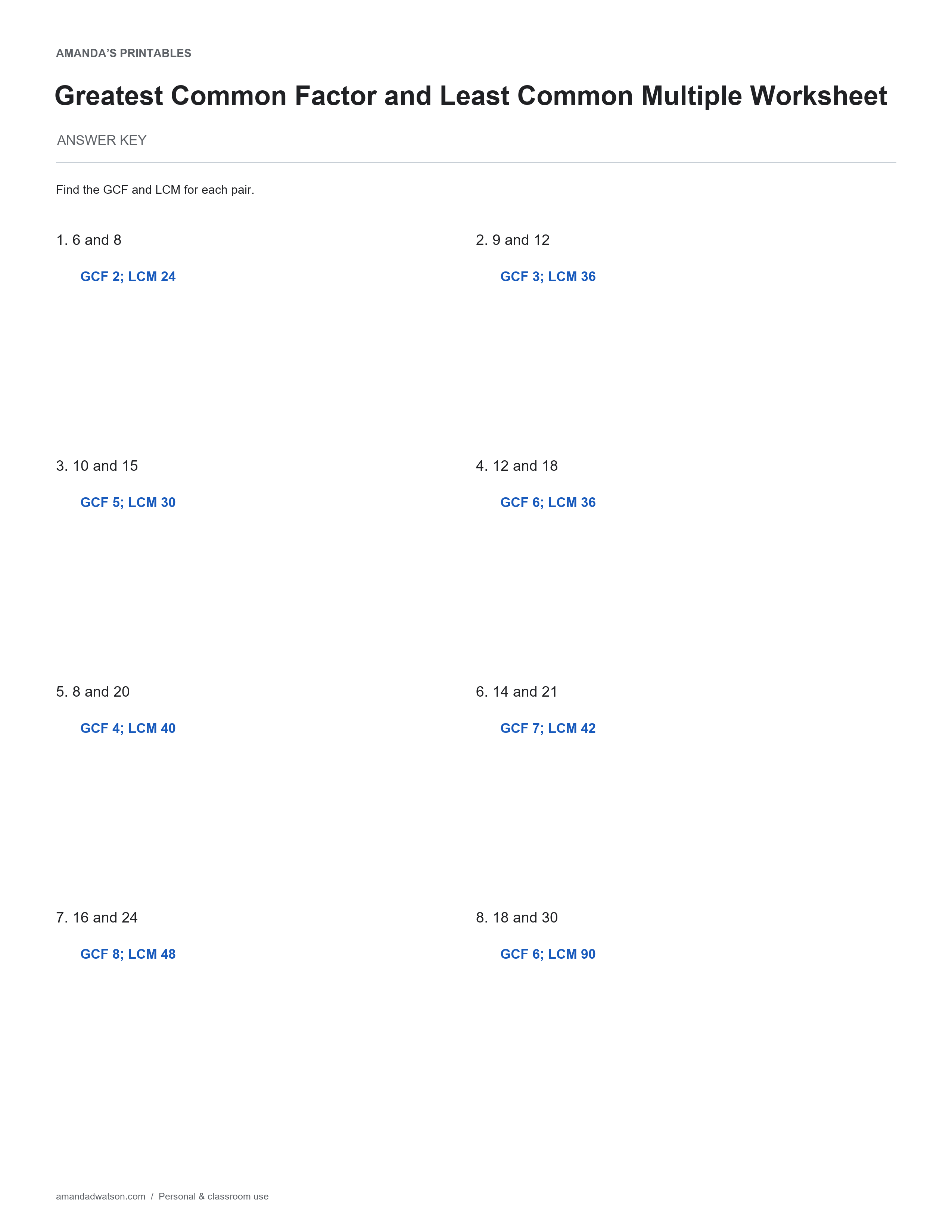 Greatest Common Factor and Least Common Multiple Worksheet completed answer page with 8 numbered items