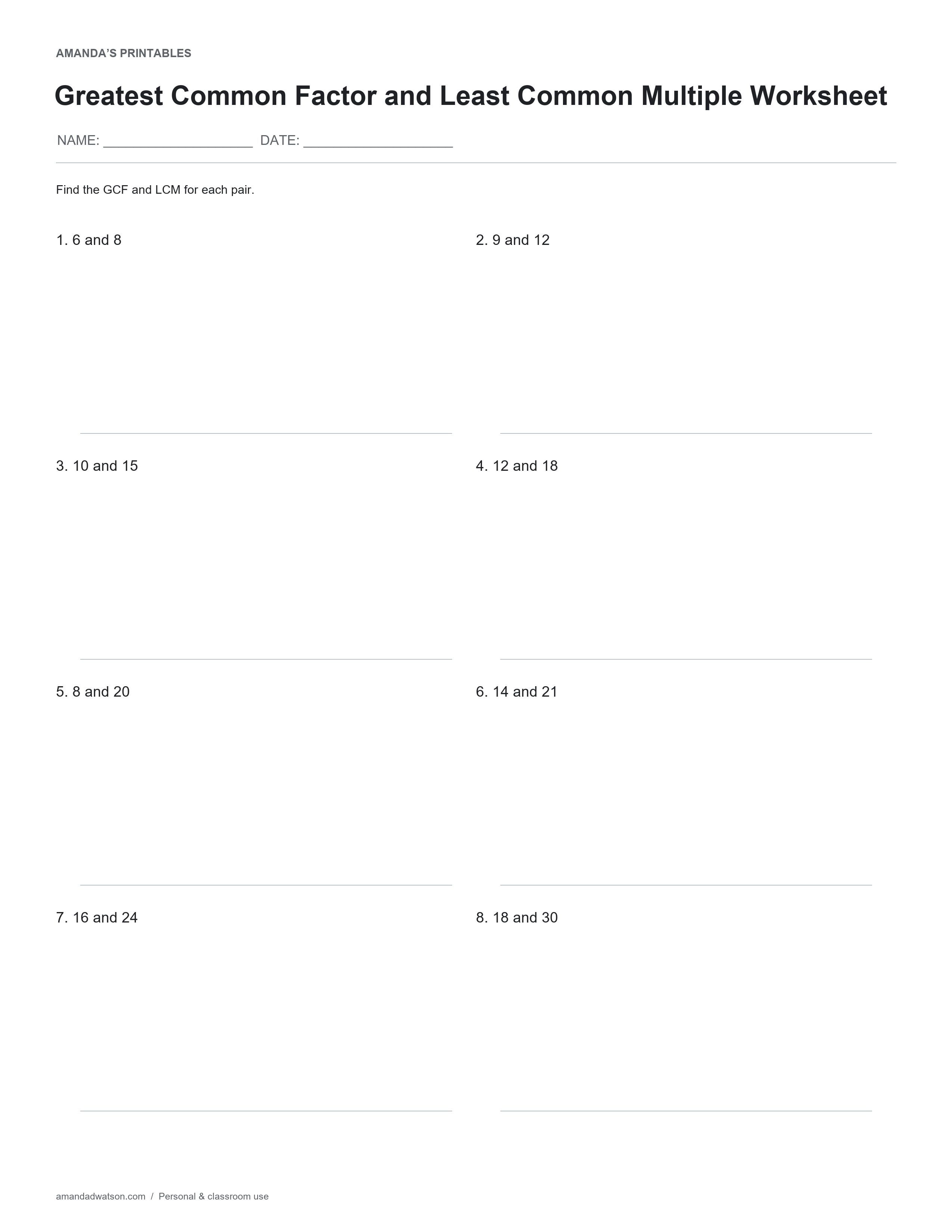 Greatest Common Factor and Least Common Multiple Worksheet practice page with 8 numbered items