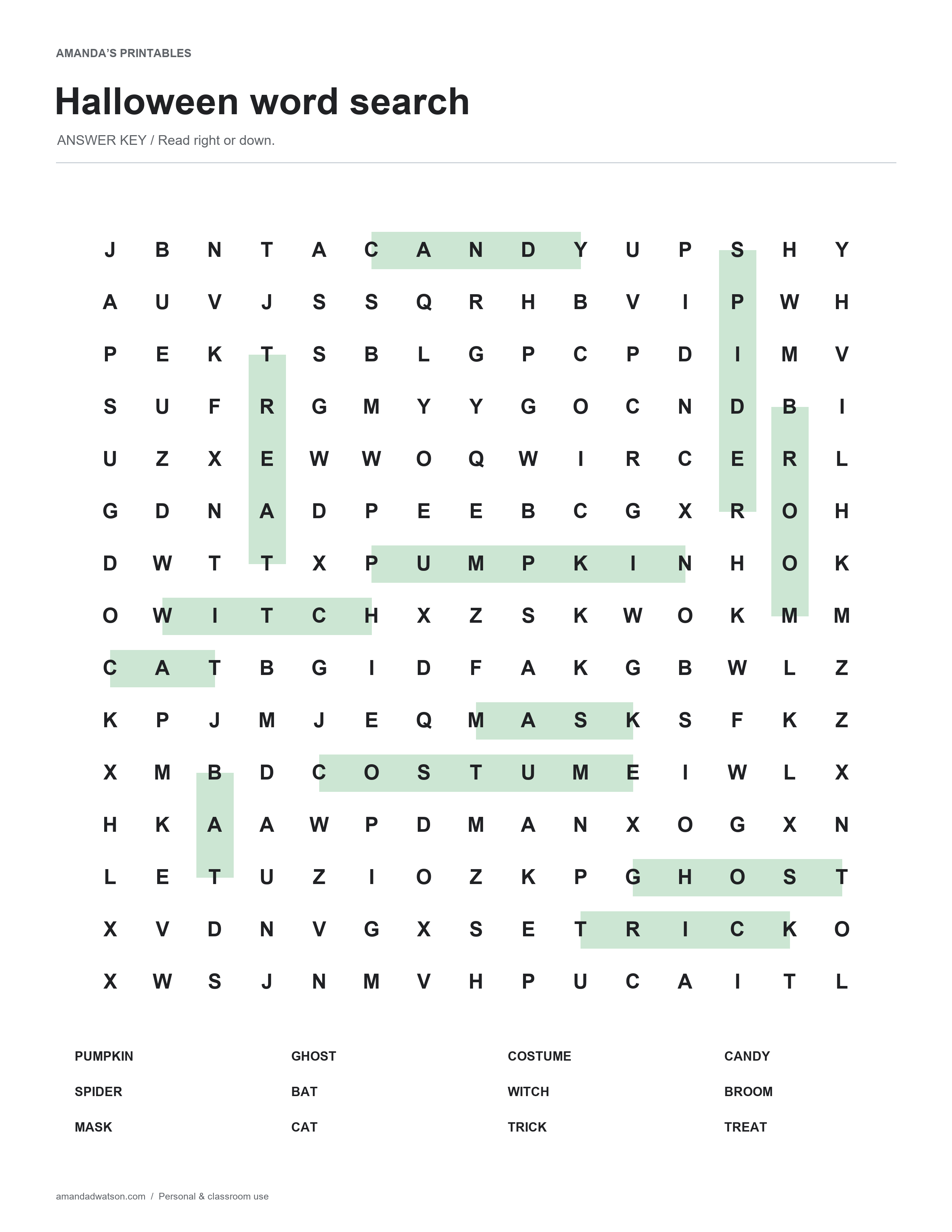 Halloween word search solution showing the twelve word locations