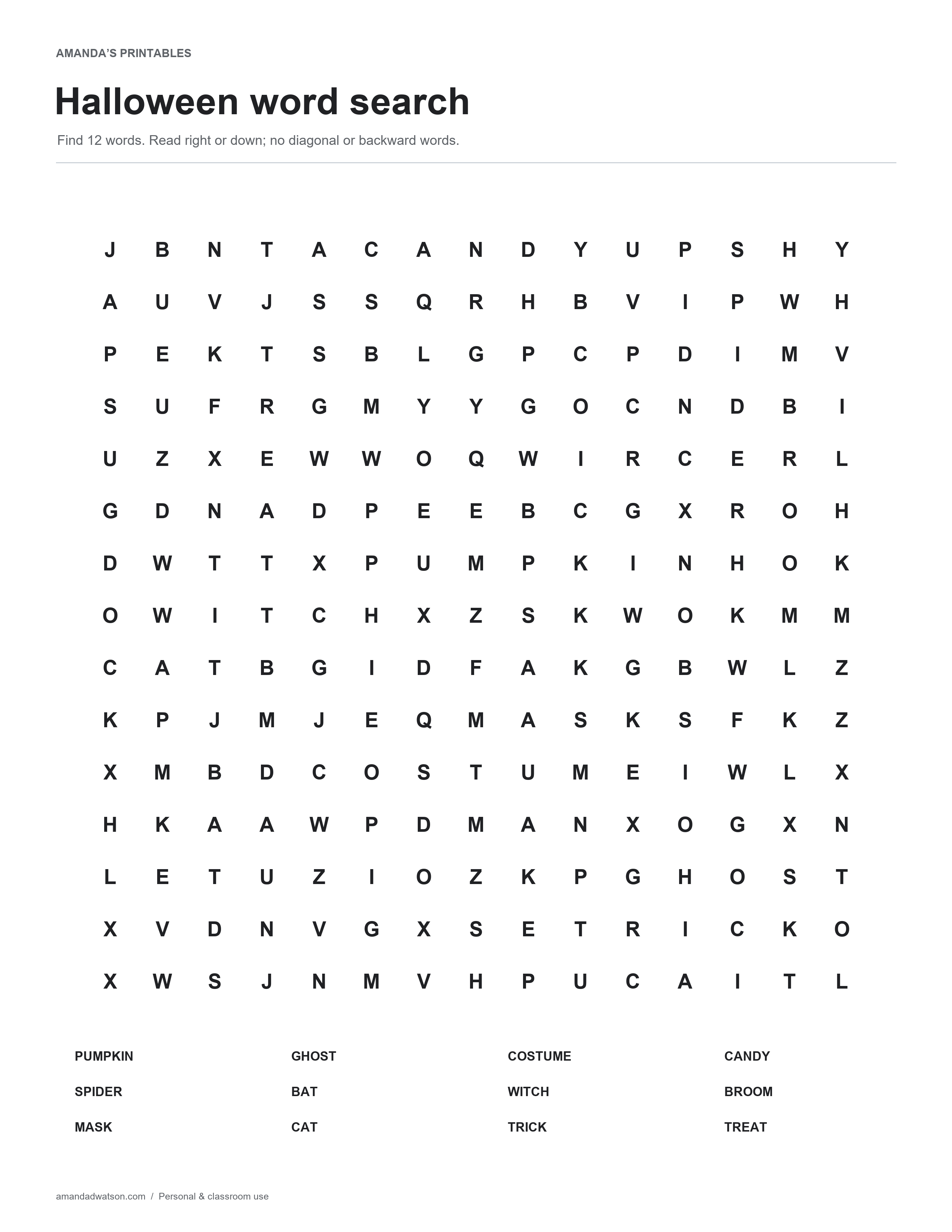 Halloween word search with a fifteen by fifteen letter grid and twelve-word list