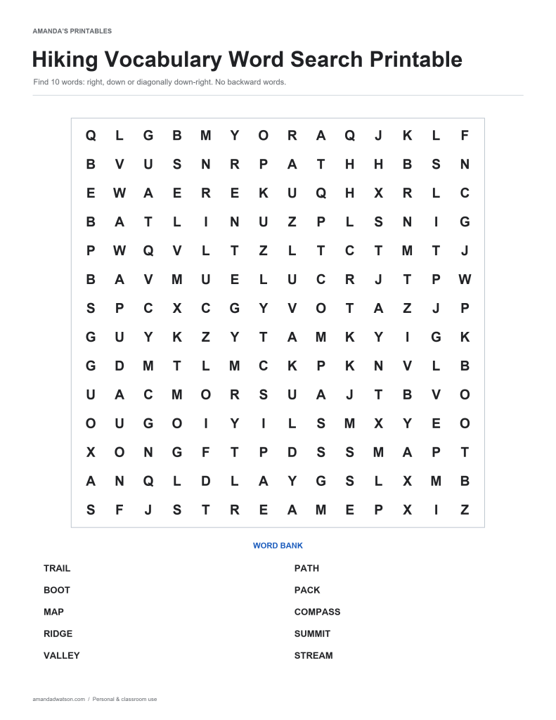 Hiking Vocabulary word search puzzle with a 14 by 14 letter grid and ten-word bank