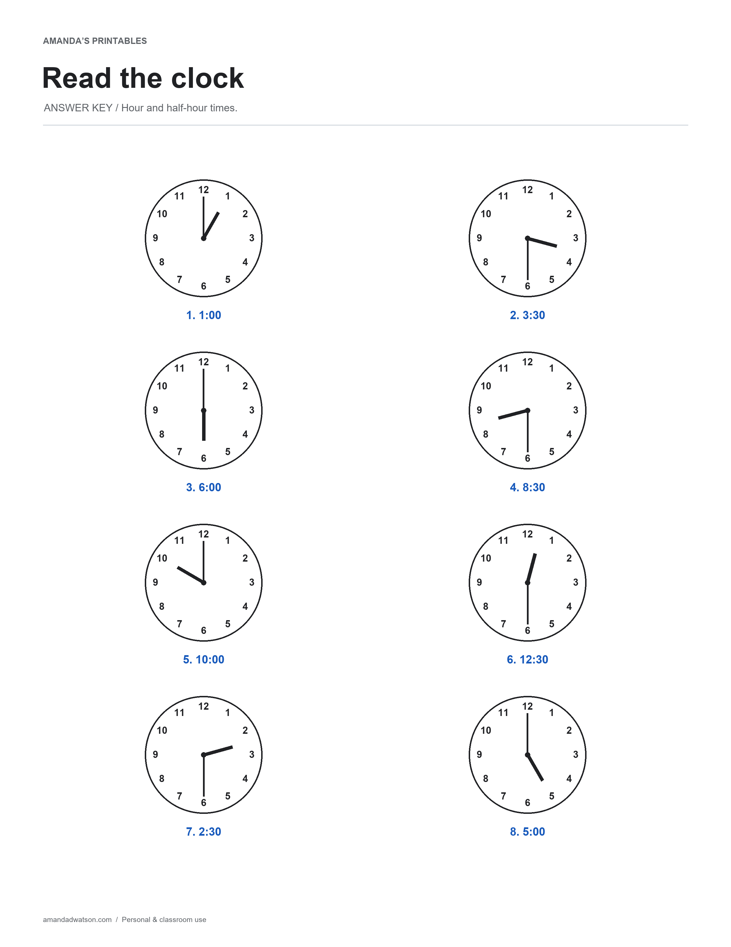 Eight analog clocks showing hour and half-hour times with digital answers