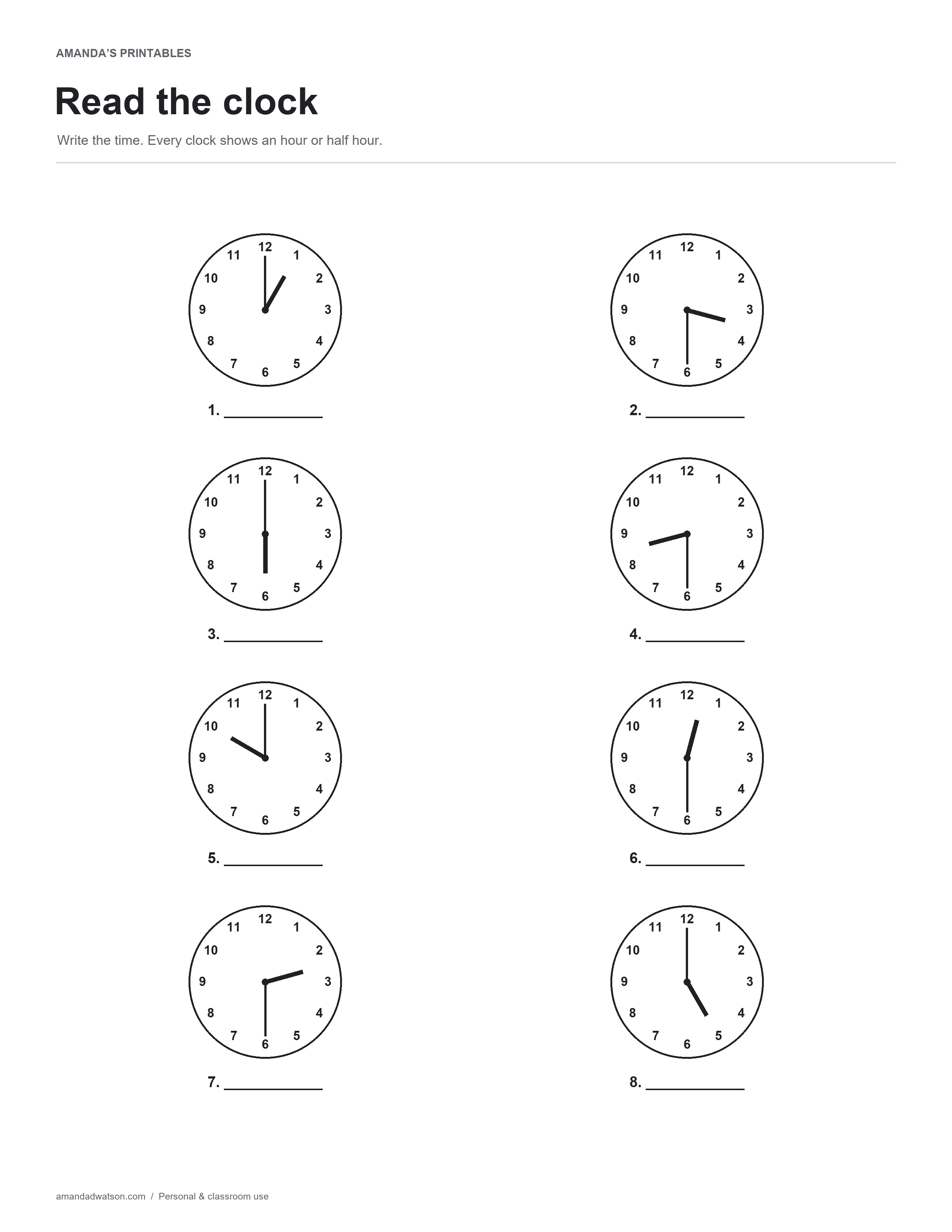 Eight analog clocks showing hour and half-hour times with blank answer lines