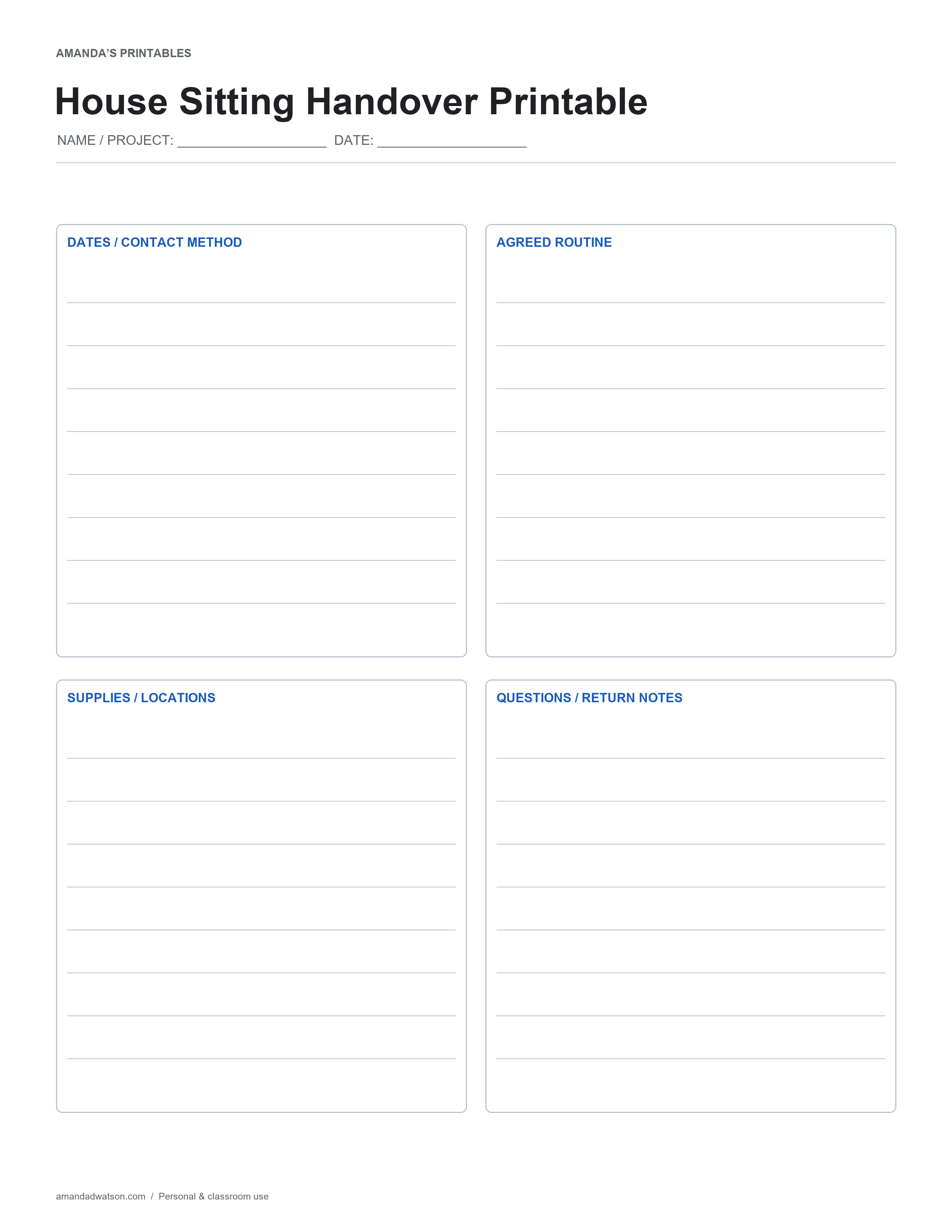 House Sitting Handover Printable with four labeled writing areas