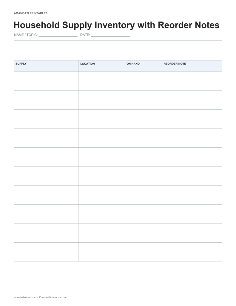 Track household supplies by storage location, amount on hand and a personal reorder note on an original ten-row inventory.