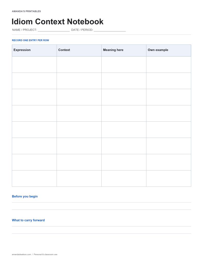 Idiom Context Notebook with eight entry rows, columns for Expression, Context, Meaning here, Own example, and two reflection prompts