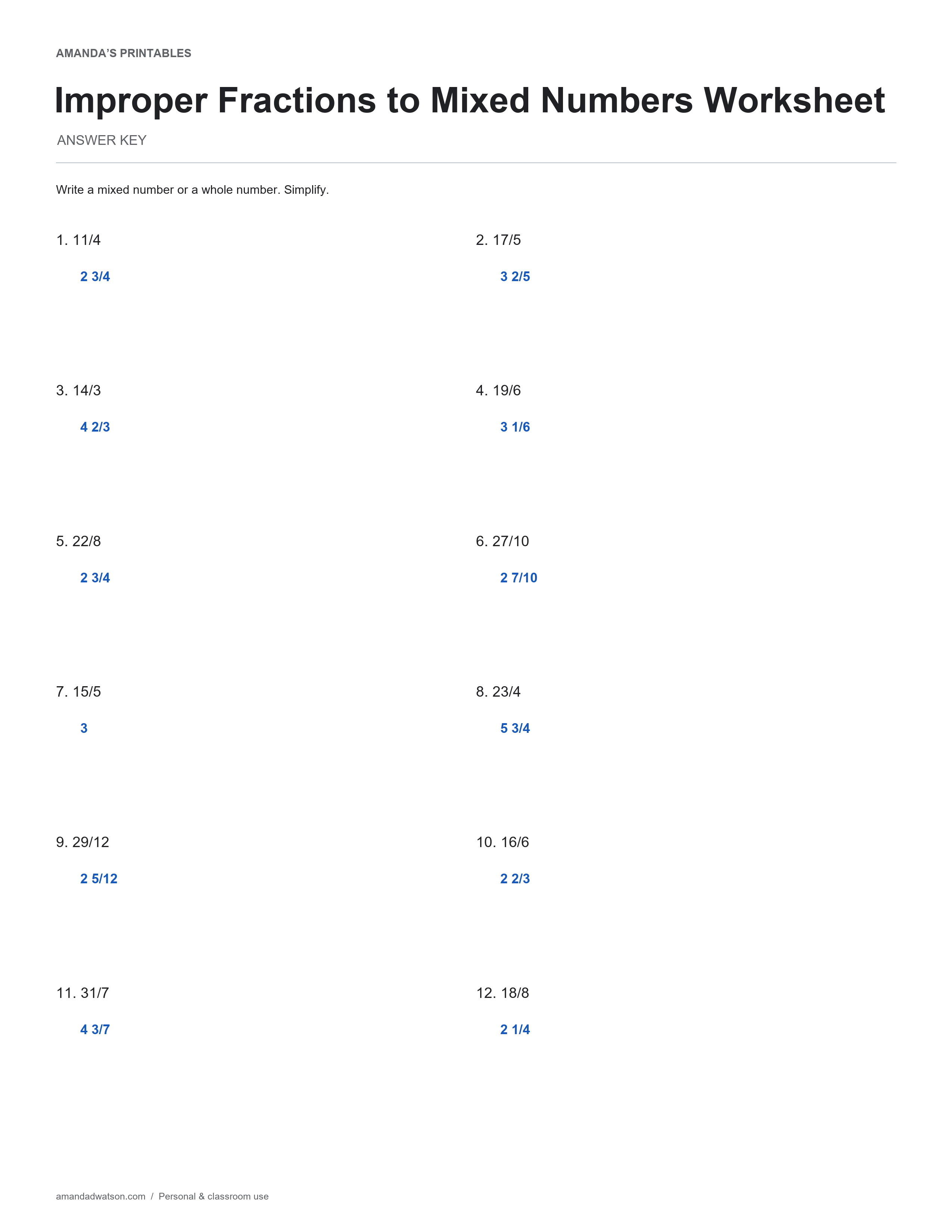 Improper Fractions to Mixed Numbers Worksheet completed answer page with 12 numbered items