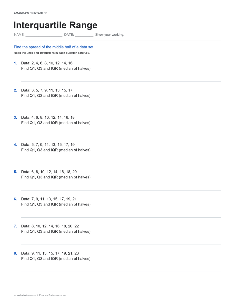 Interquartile Range printable with eight practice questions and space to show working