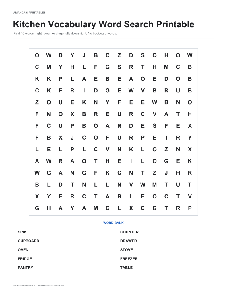 Kitchen Vocabulary word search puzzle with a 14 by 14 letter grid and ten-word bank