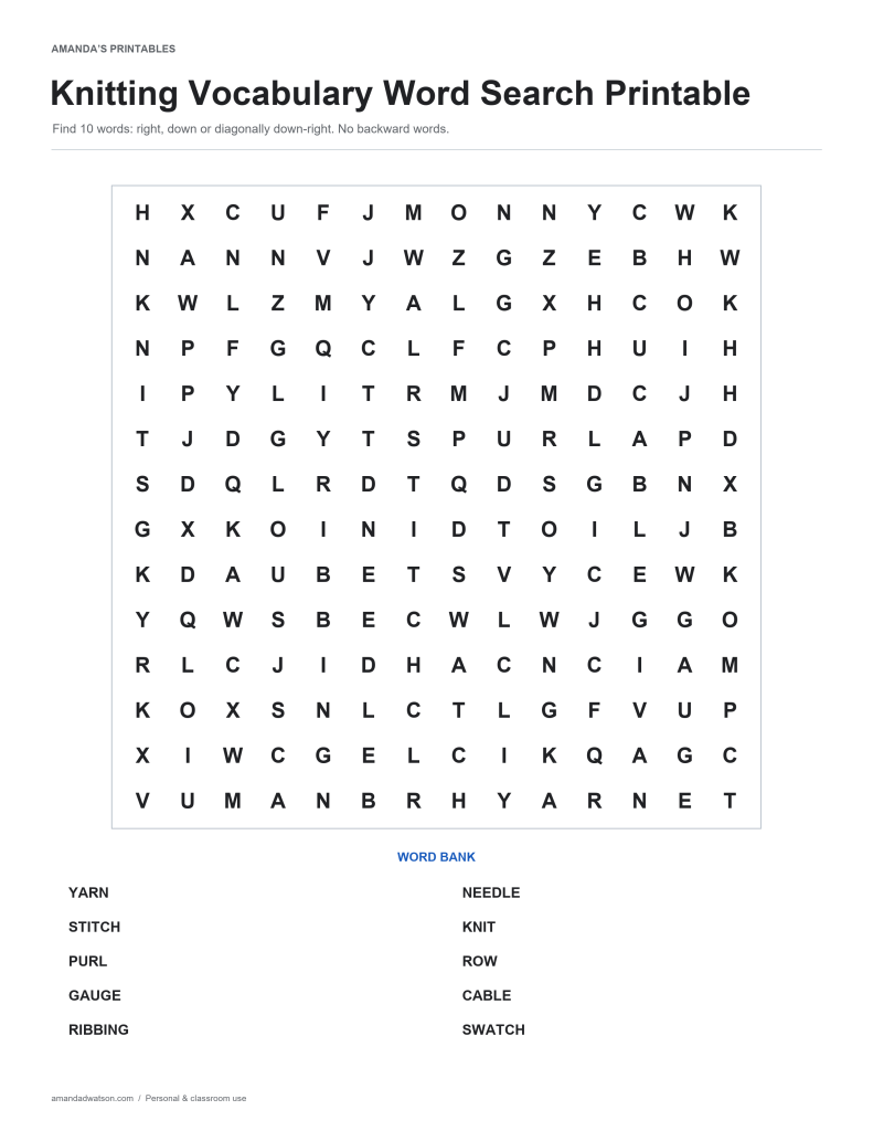 Knitting Vocabulary word search puzzle with a 14 by 14 letter grid and ten-word bank