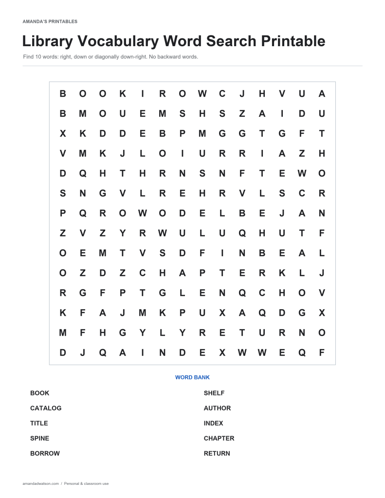 Library Vocabulary word search puzzle with a 14 by 14 letter grid and ten-word bank