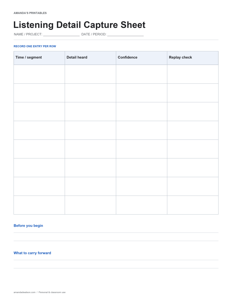 Listening Detail Capture Sheet with eight entry rows, columns for Time / segment, Detail heard, Confidence, Replay check, and two reflection prompts