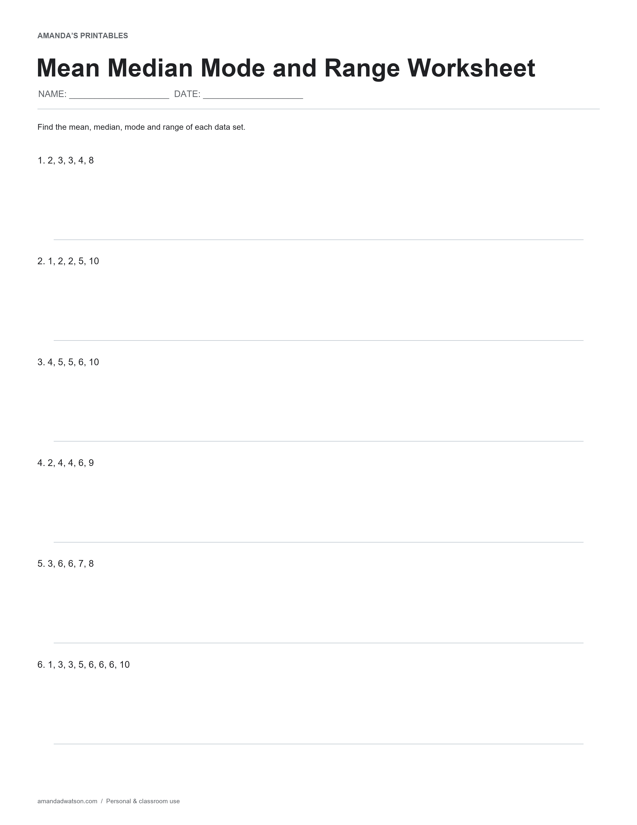 Mean Median Mode and Range Worksheet practice page with 6 numbered items